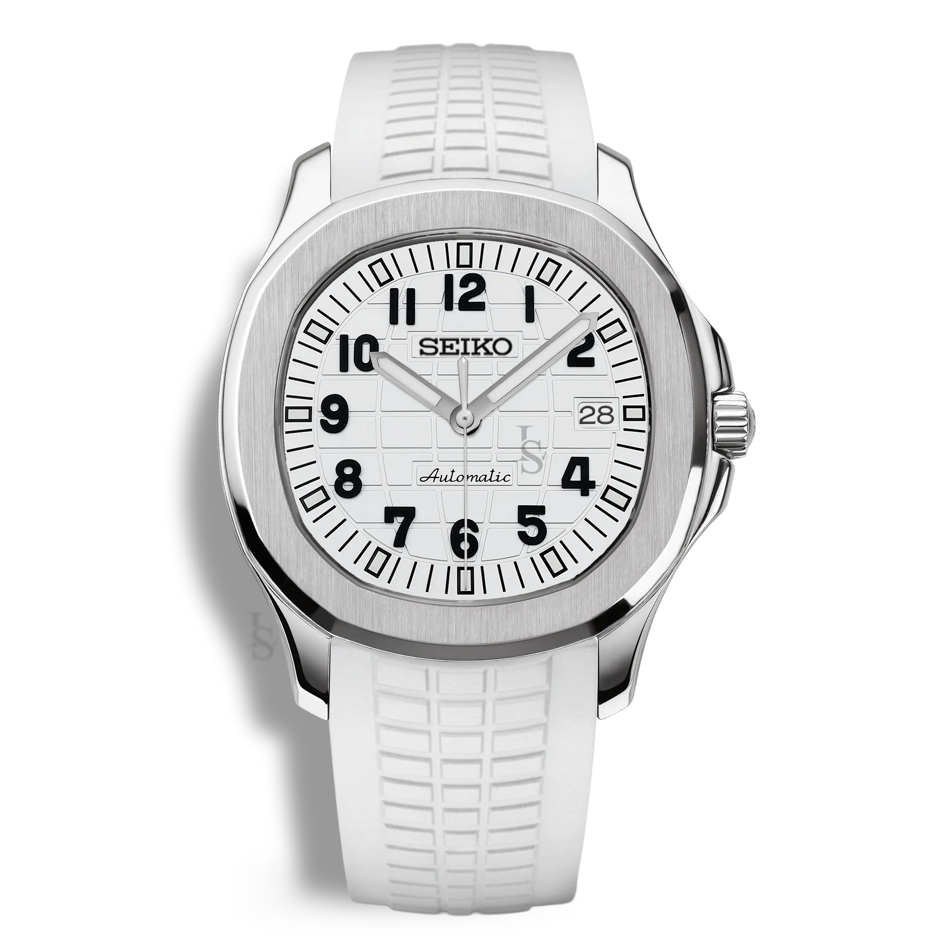 Montre Seiko Mod Aquanaut Blanche équipée du mouvement automatique Seiko NH35, avec un cadran blanc et un bracelet en caoutchouc blanc, pour une allure sobre, technique et contemporaine.