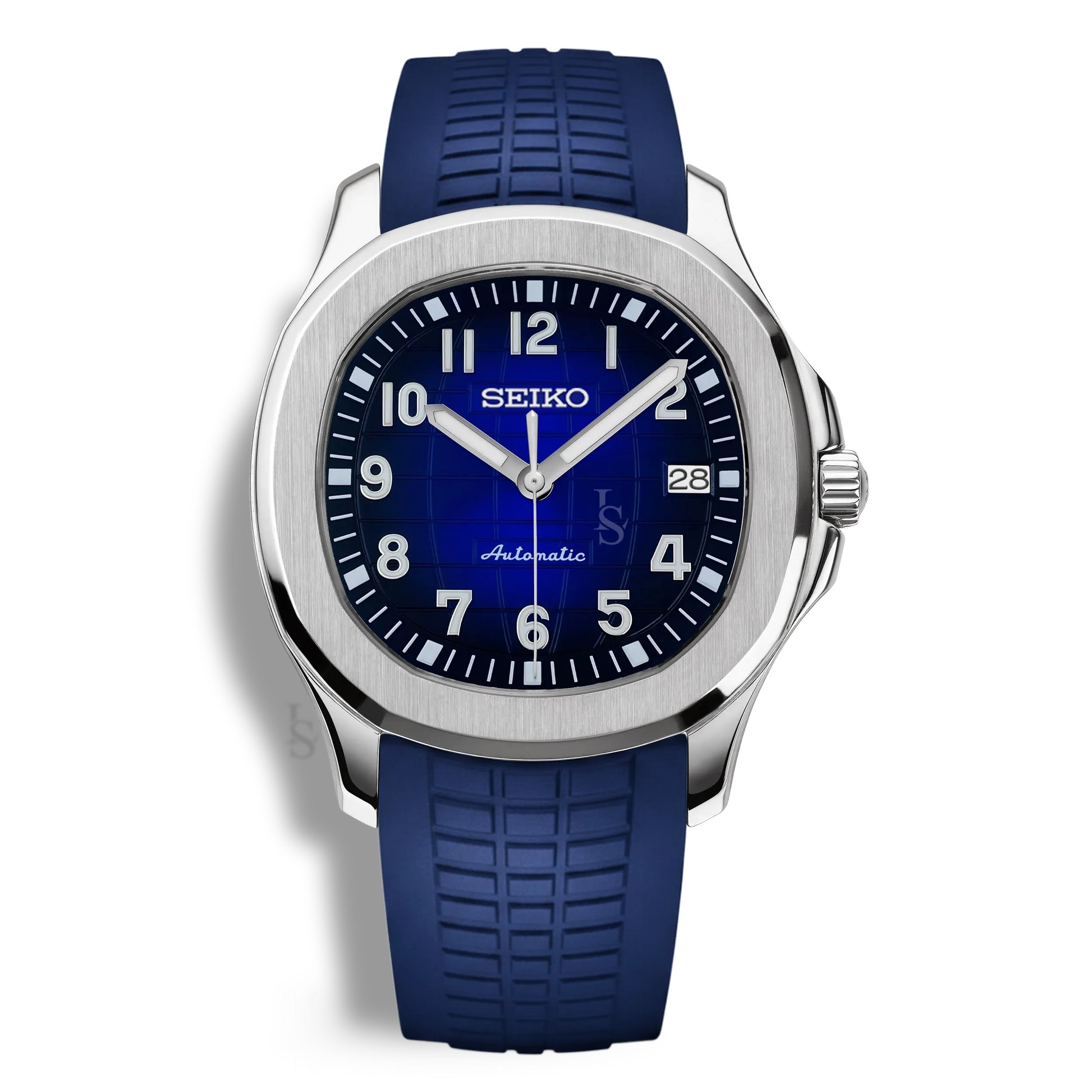 Montre Seiko Mod Aquanaut Bleu équipée du mouvement automatique Seiko NH35, avec un cadran noir texturé à motif quadrillé et un bracelet en caoutchouc bleu, pour une allure sobre, technique et contemporaine.
