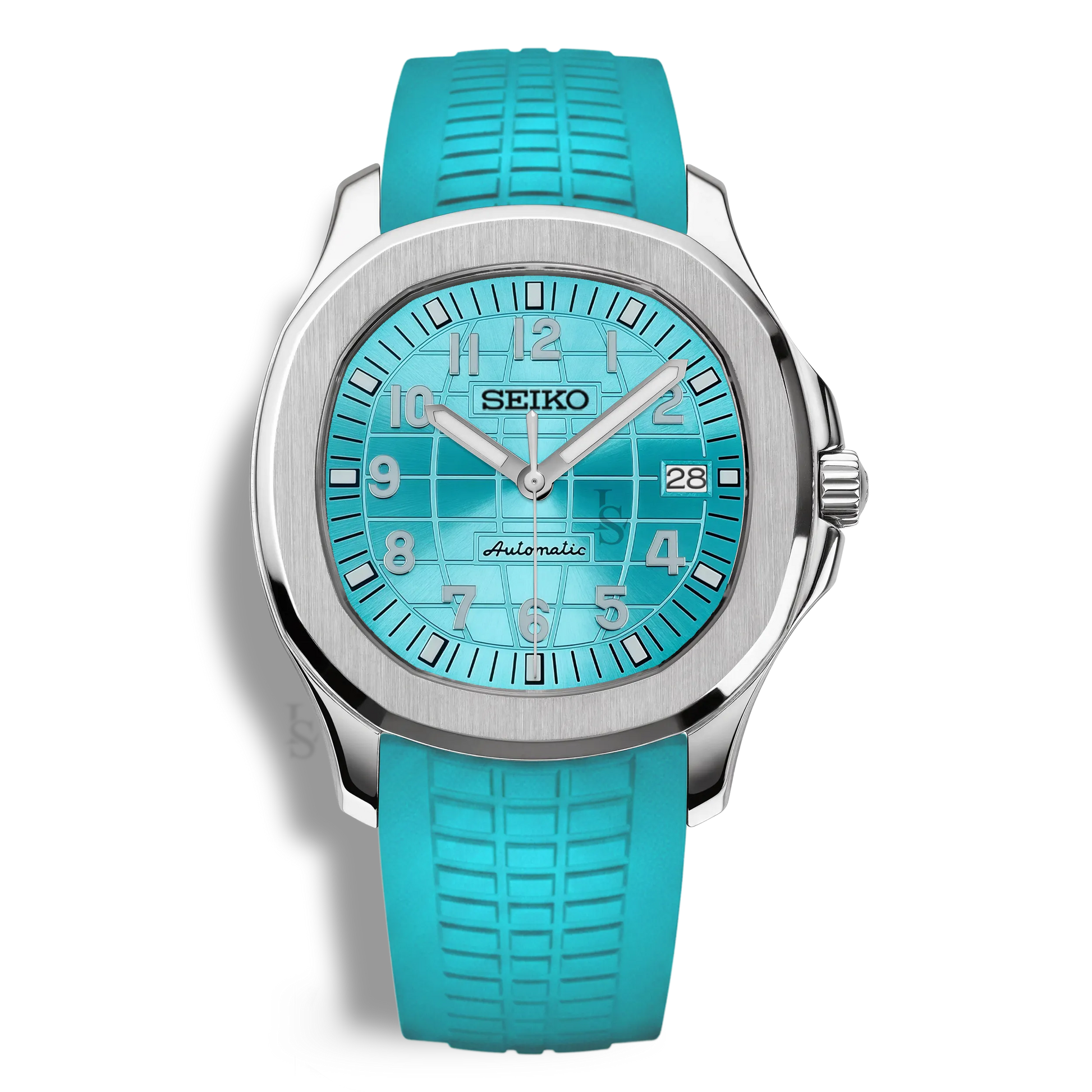 Montre Seiko Mod Aquanaut Bleu Tiffany équipée du mouvement automatique Seiko NH35, dotée d’un cadran bleu clair/turquoise à motif et d’un bracelet caoutchouc bleu clair assorti, inspirée d’un design horloger emblématique.