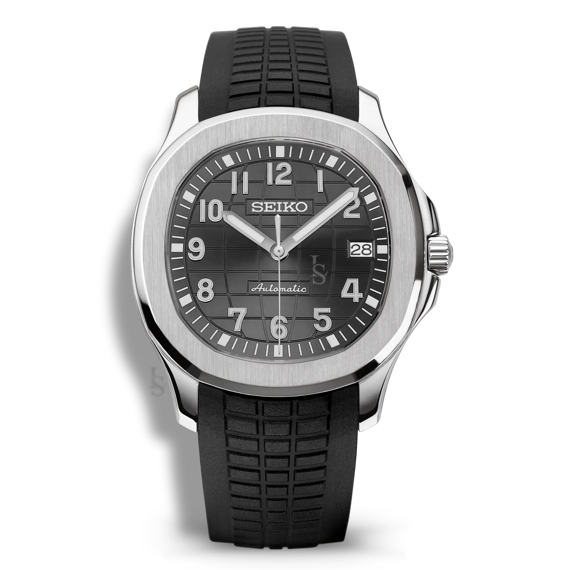 Montre Seiko Mod Aquanaut gris Argent équipée du mouvement automatique Seiko NH35, avec un boîtier acier et un cadran gris texturé, montée sur un bracelet caoutchouc noir assorti, pour un look monochrome moderne et équilibré.