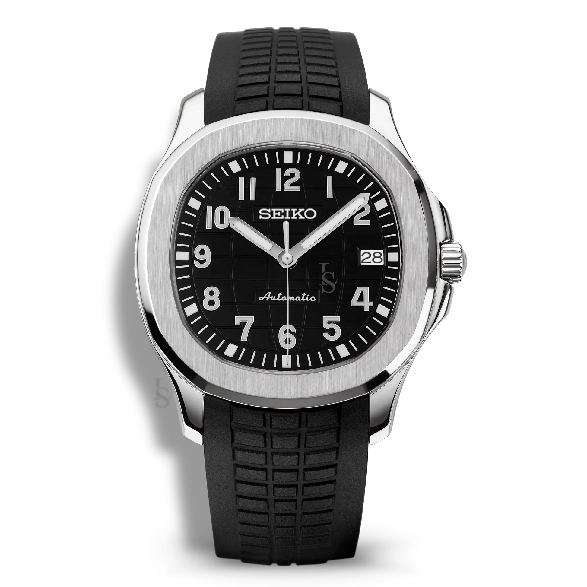 Montre Seiko Mod Aquanaut Noir équipée du mouvement automatique Seiko NH35, avec un cadran noir texturé à motif quadrillé et un bracelet en caoutchouc noir, pour une allure sobre, technique et contemporaine.