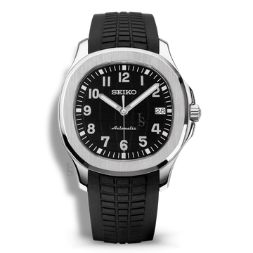 Montre Seiko Mod Aquanaut Noir équipée du mouvement automatique Seiko NH35, avec un cadran noir texturé à motif quadrillé et un bracelet en caoutchouc noir, pour une allure sobre, technique et contemporaine.