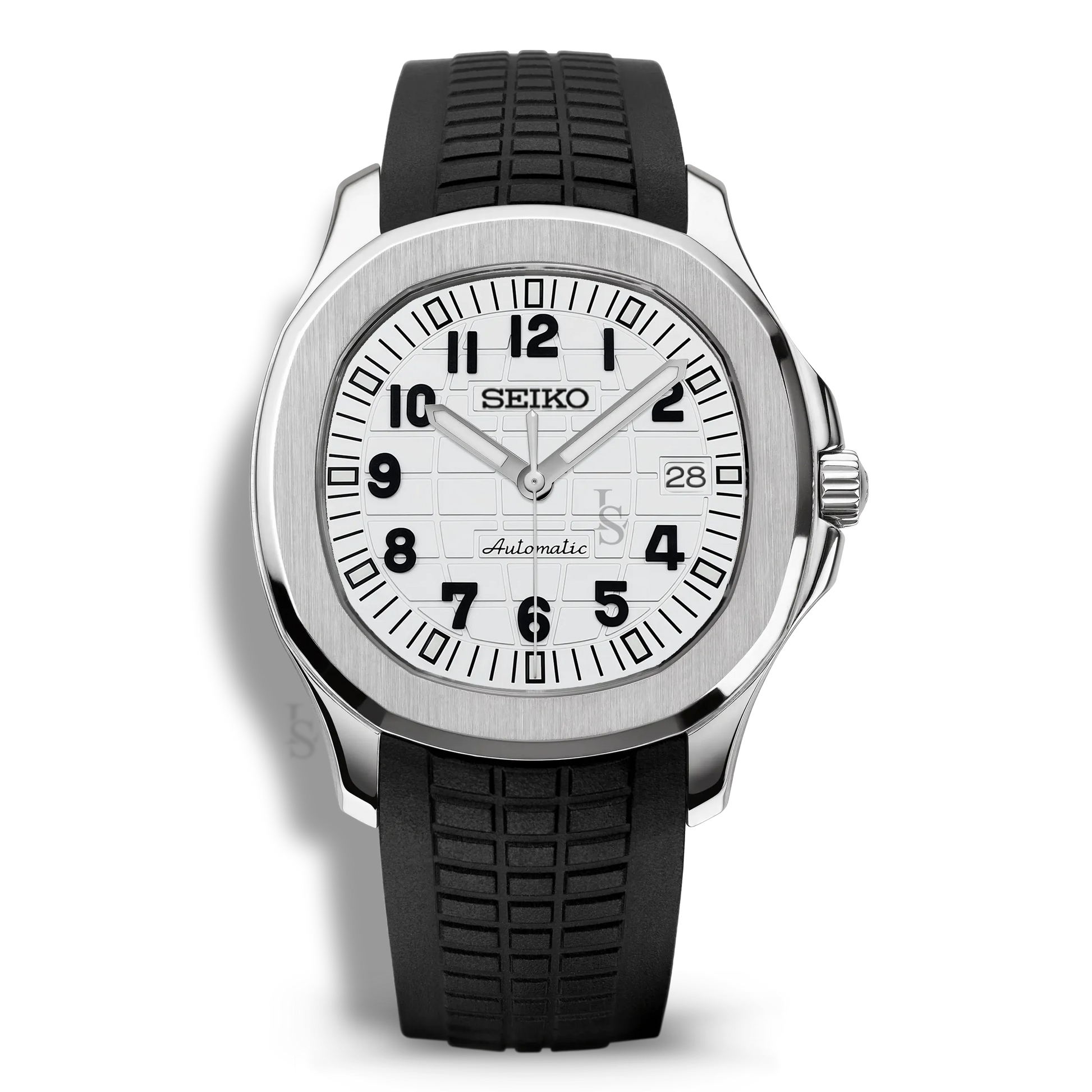 Montre Seiko Mod Aquanaut Panda équipée du mouvement automatique Seiko NH35, avec un cadran noir et blanc texturé à motif quadrillé et un bracelet en caoutchouc noir, pour une allure sobre, technique et contemporaine.