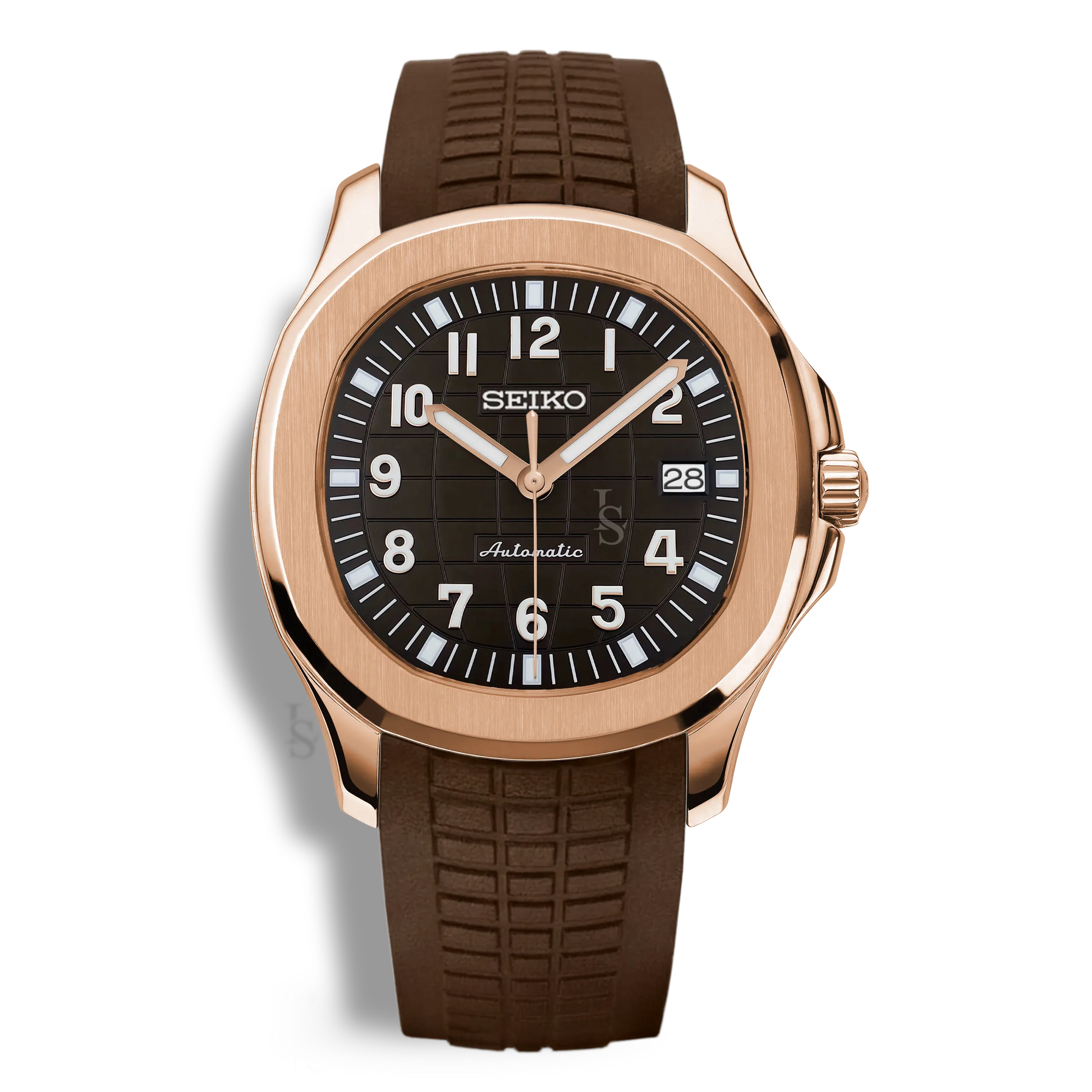 Montre Seiko Mod Aquanaut Or Rose équipée du mouvement automatique Seiko NH35, avec un cadran marron texturé, un boîtier en or rose et un bracelet en caoutchouc marron assorti pour une esthétique chaleureuse et élégante.