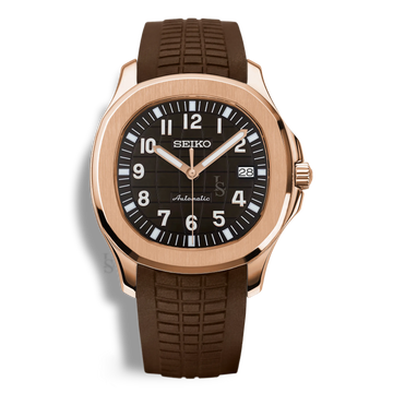 Montre Seiko Mod Aquanaut Or Rose équipée du mouvement automatique Seiko NH35, avec un cadran marron texturé, un boîtier en or rose et un bracelet en caoutchouc marron assorti pour une esthétique chaleureuse et élégante.