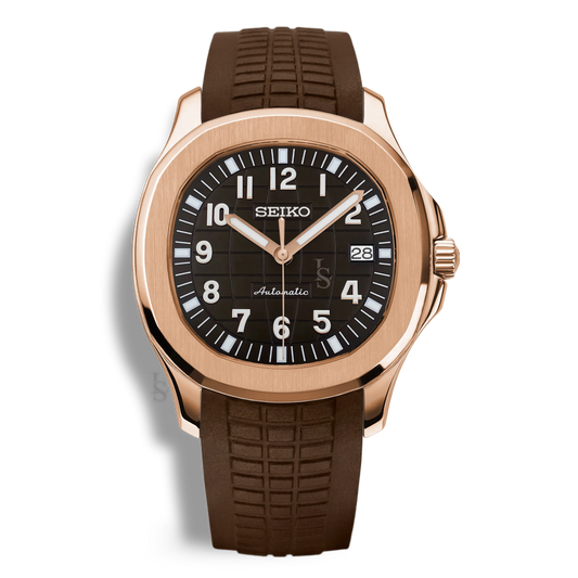Montre Seiko Mod Aquanaut Or Rose équipée du mouvement automatique Seiko NH35, avec un cadran marron texturé, un boîtier en or rose et un bracelet en caoutchouc marron assorti pour une esthétique chaleureuse et élégante.