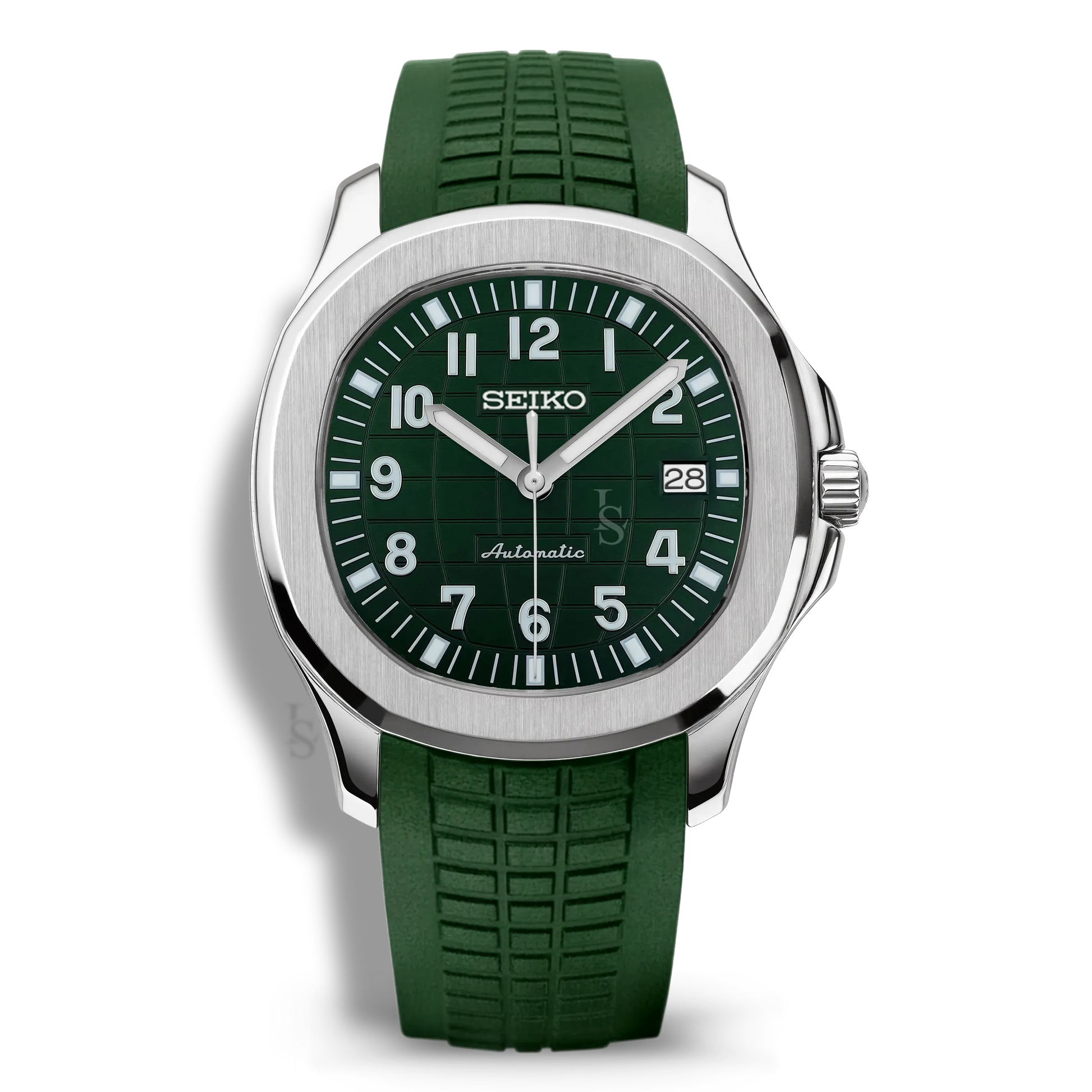 Montre Seiko Mod Aquanaut Vert équipée du mouvement automatique Seiko NH35, avec un cadran vert forêt texturé et un bracelet en caoutchouc vert foncé, offrant une allure raffinée et contemporaine.