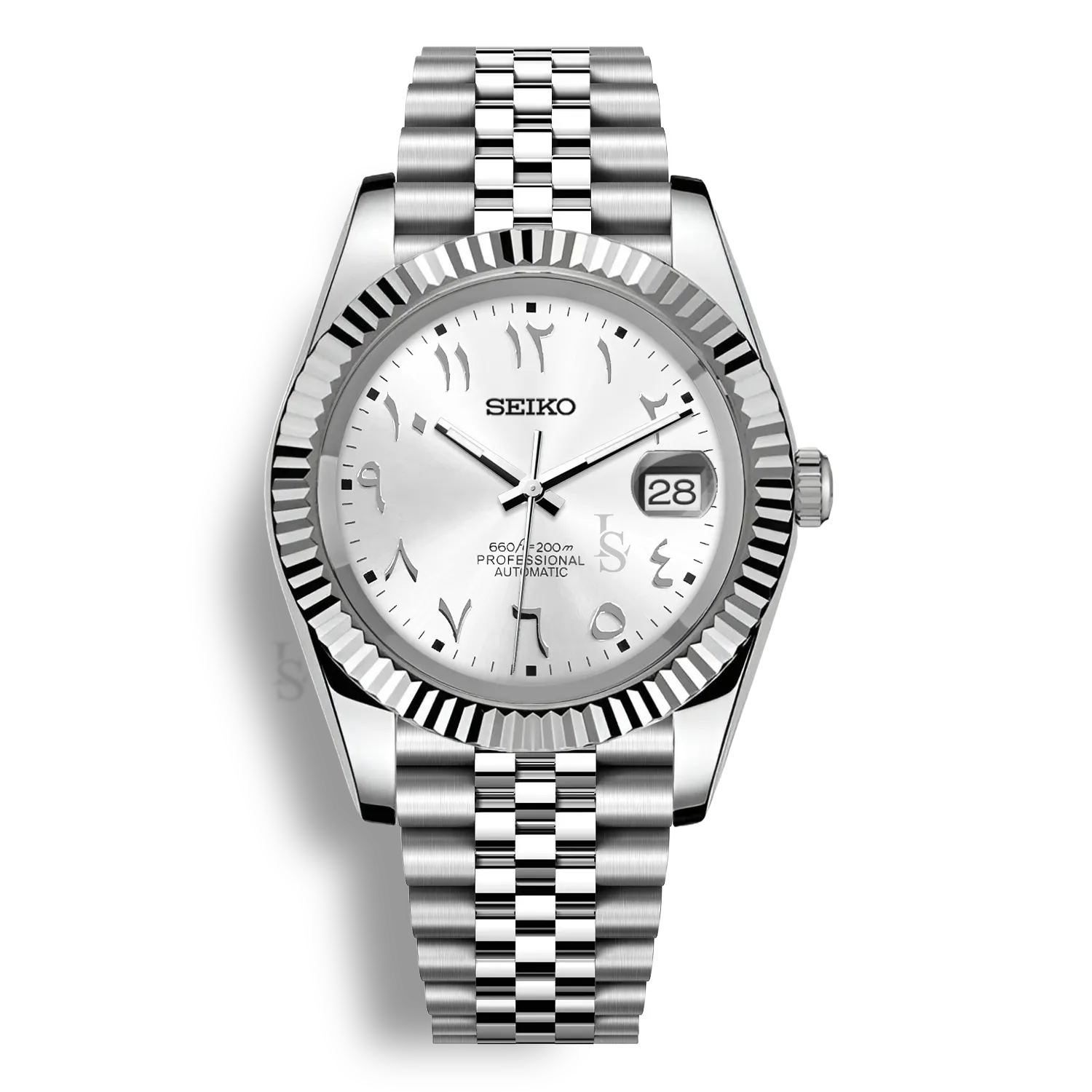 Montre Seiko Mod Arabic Dial Professionnal Blanche équipée du mouvement automatique Seiko NH35 avec un cadran blanc argenté brillant à chiffres arabes et bracelet et boitier en acier inoxydable