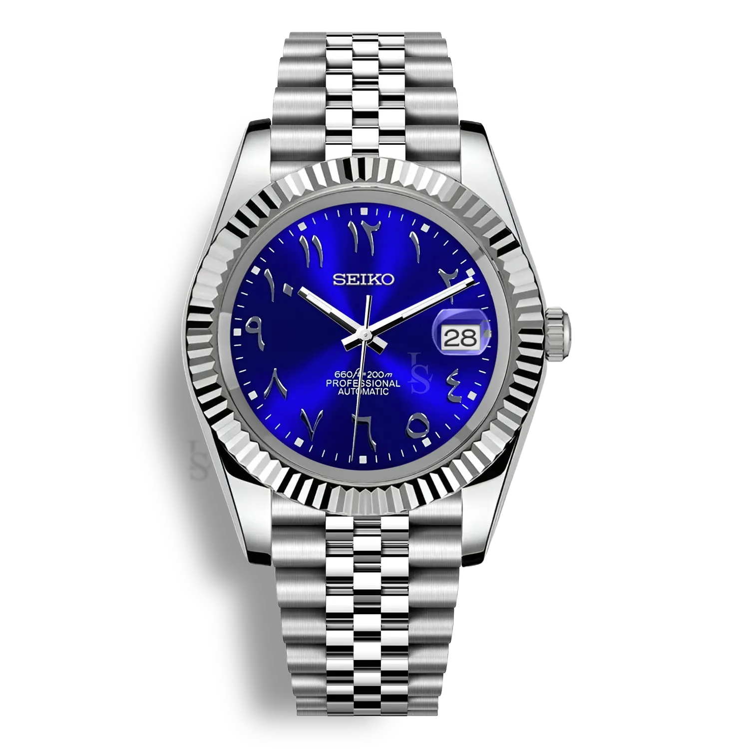 Montre Seiko Mod Arabic Dial Professionnal Bleue équipée du mouvement automatique Seiko NH35 avec un cadran bleu brillant à chiffres arabes et bracelet et boitier en acier inoxydable