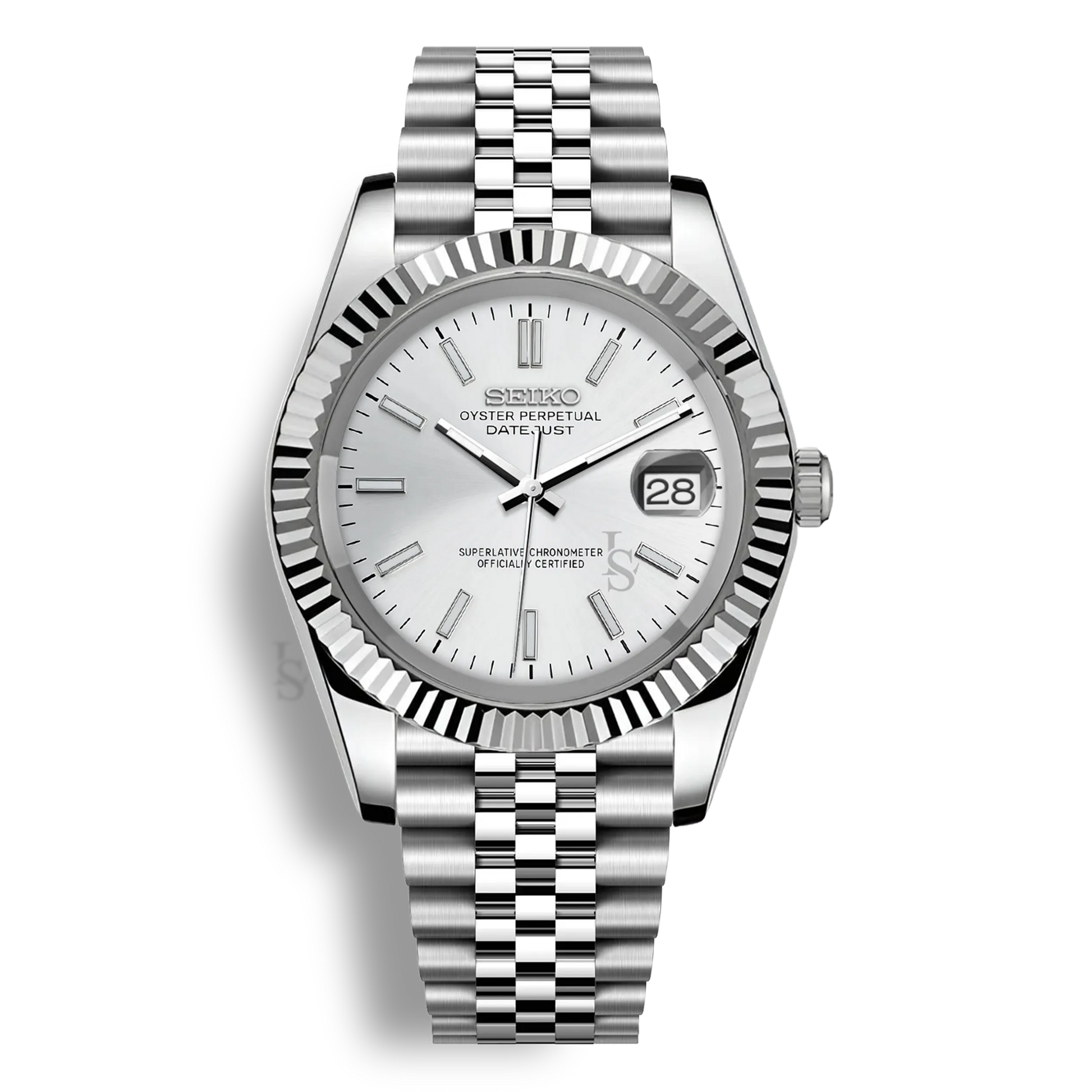 Montre Seiko Mod Datejust blanc en acier inoxydable 316L avec mouvement automatique Seiko NH35, verre saphir et cadran luminescent