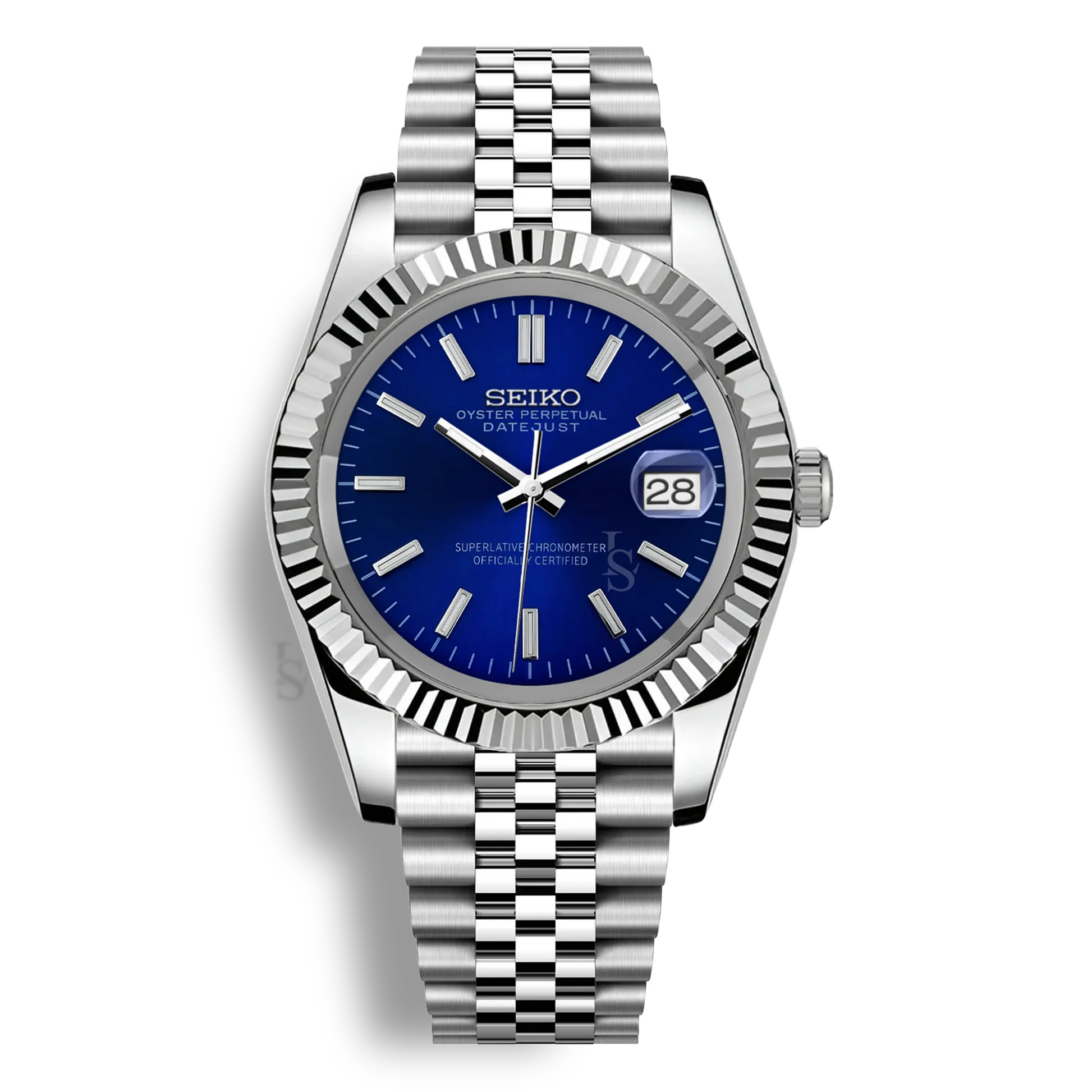 Montre Seiko Mod Datejust bleu royal en acier inoxydable 316L avec mouvement automatique Seiko NH35, verre saphir et cadran luminescent