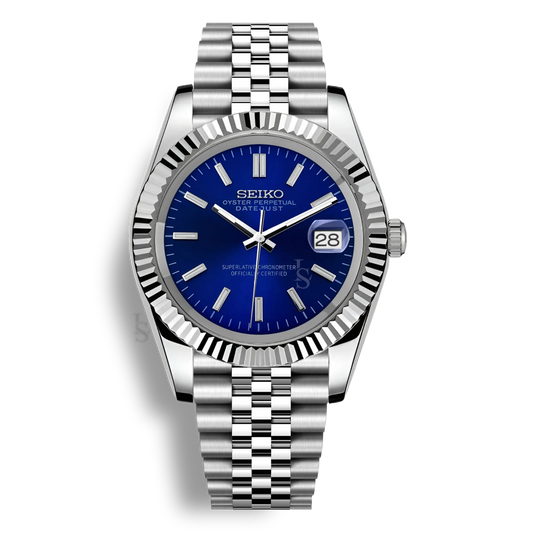 Montre Seiko Mod Datejust bleu royal en acier inoxydable 316L avec mouvement automatique Seiko NH35, verre saphir et cadran luminescent