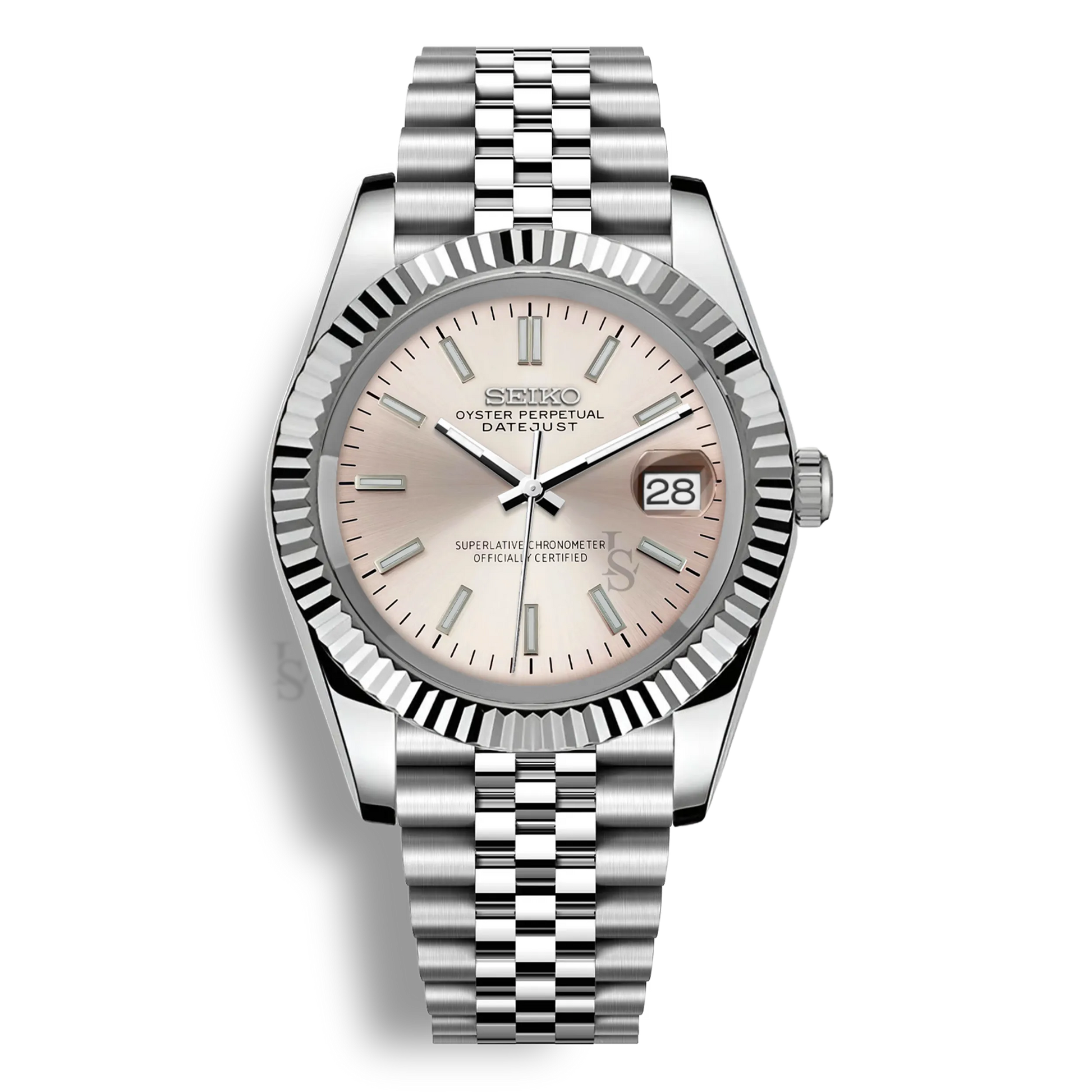 Montre Seiko Mod Datejust champagne en acier inoxydable 316L avec mouvement automatique Seiko NH35, verre saphir et cadran luminescent