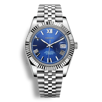 Montre Seiko Mod Datejust Chiffres Romains avec cadran bleu, affichage de la date, bracelet jubilé et boîtier en acier inoxydable équipée du mouvement automatique Seiko NH35
