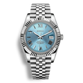 Montre Seiko Mod Datejust Chiffres Romains avec cadran bleu clair, bracelet jubilé et boîtier en acier inoxydable équipée du mouvement automatique Seiko NH35