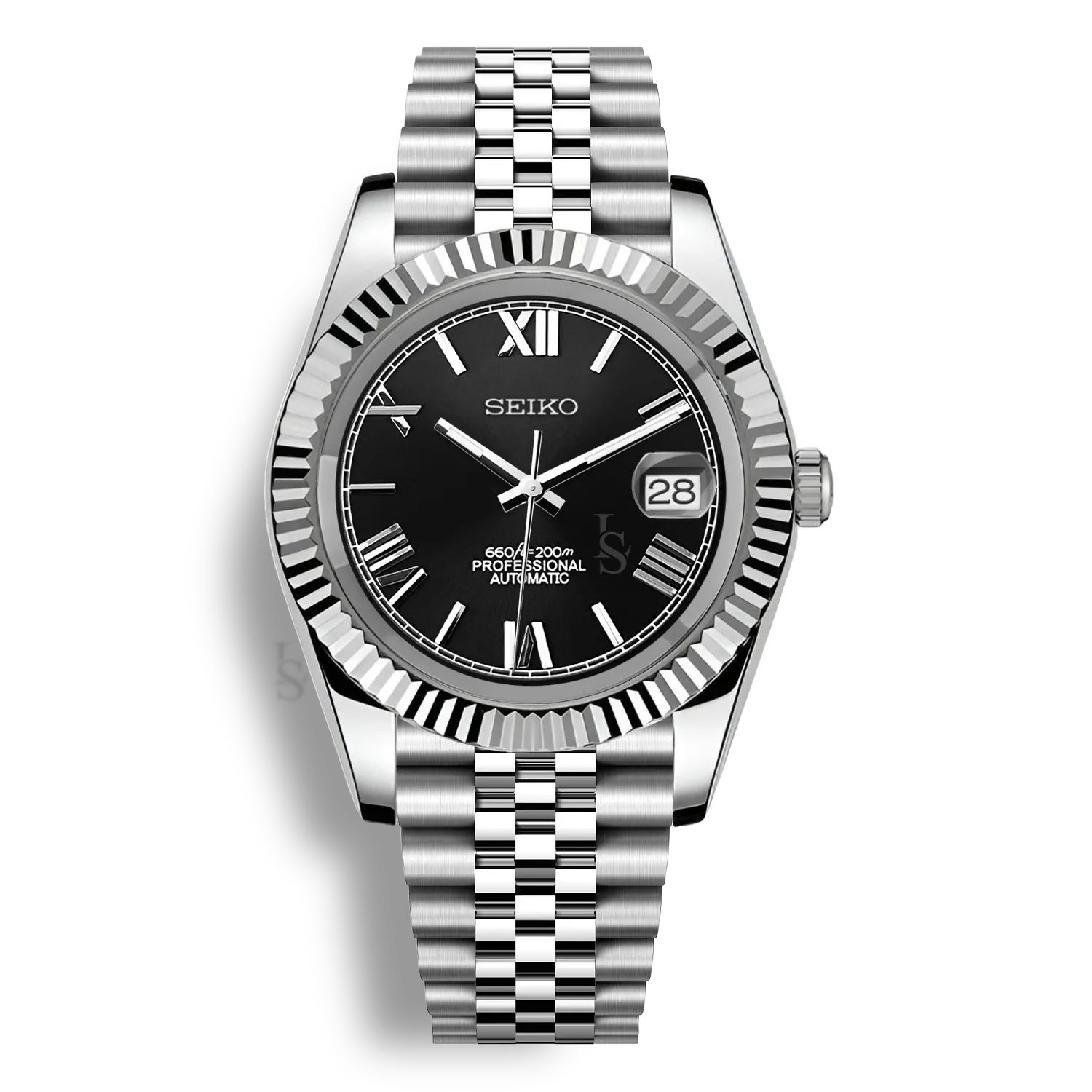 Montre Seiko Mod Datejust Chiffres Romains avec cadran noir, affichage de la date, bracelet jubilé et boîtier en acier inoxydable équipée du mouvement automatique Seiko NH35