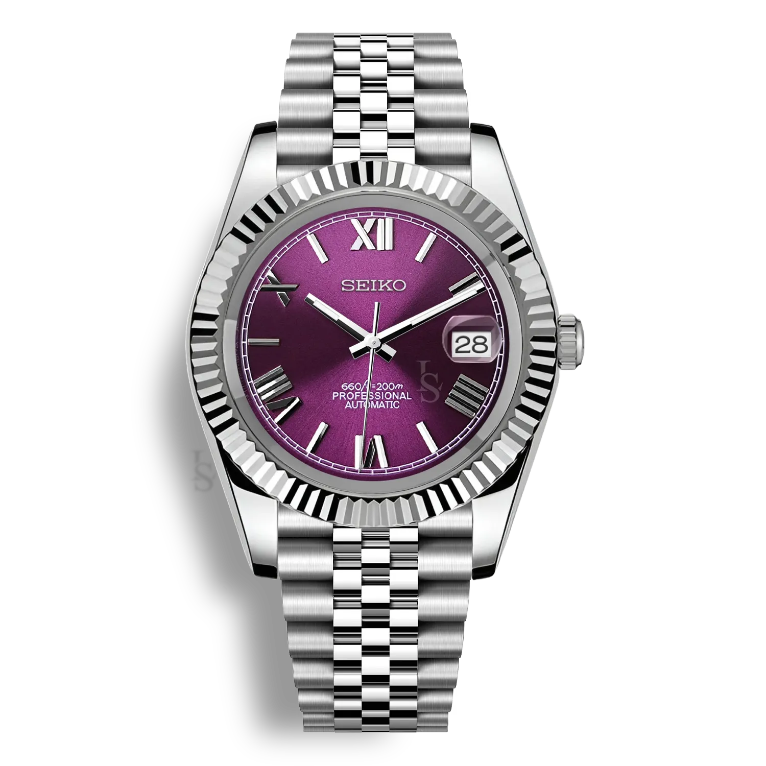 Montre Seiko Mod Datejust Chiffres Romains avec cadran violet magenta, bracelet jubilé et boîtier en acier inoxydable équipée du mouvement automatique Seiko NH35