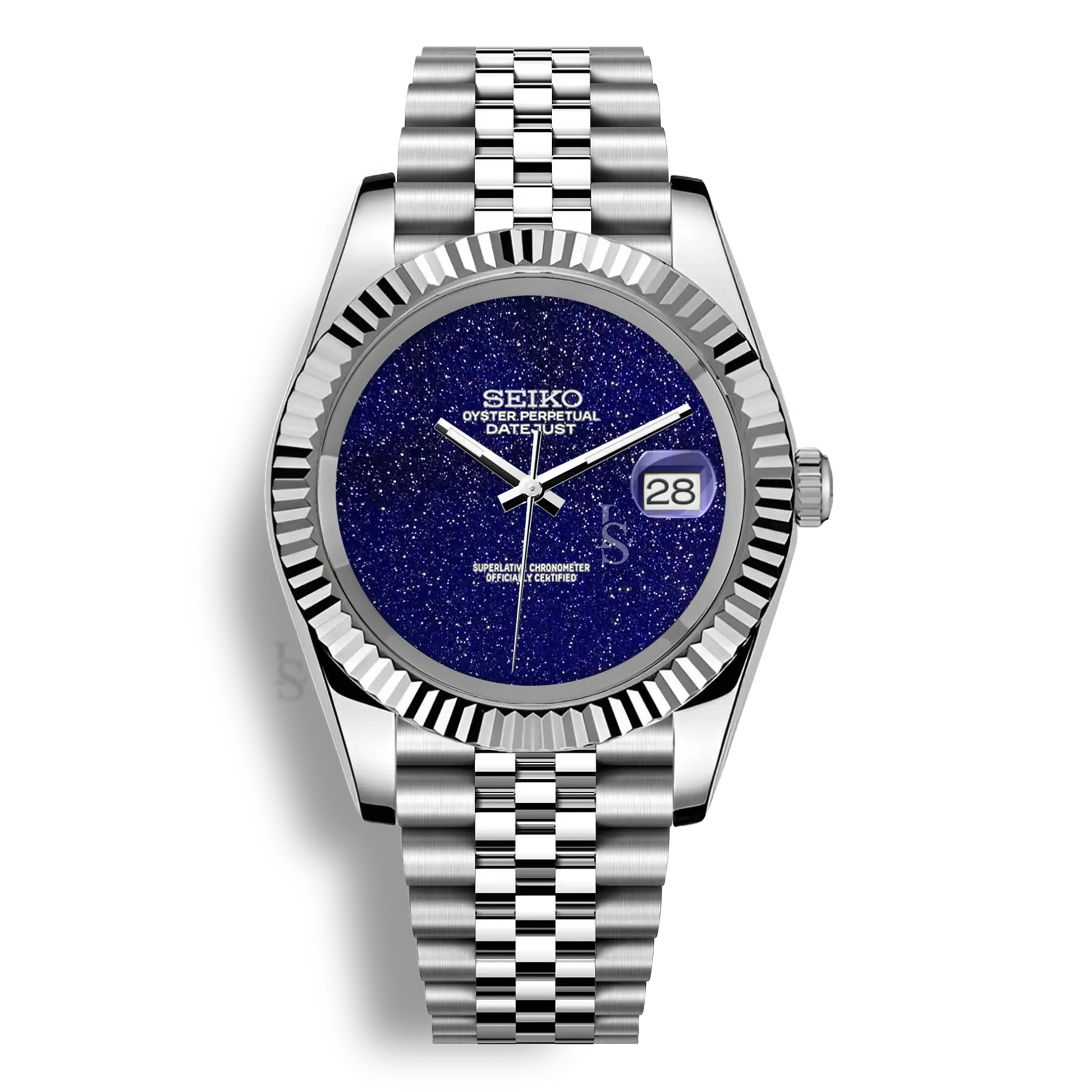 Montre Seiko Mod Datejust Galaxy avec cadran bleu Galaxie, mouvement automatique Seiko NH35, bracelet Jubilee et verre saphir