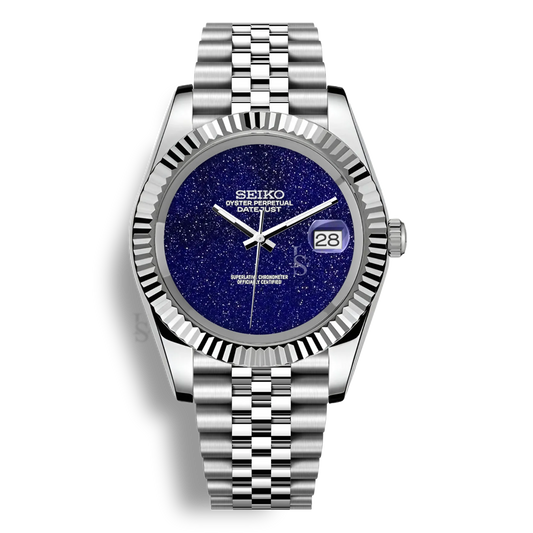 Montre Seiko Mod Datejust Galaxy avec cadran bleu Galaxie, mouvement automatique Seiko NH35, bracelet Jubilee et verre saphir