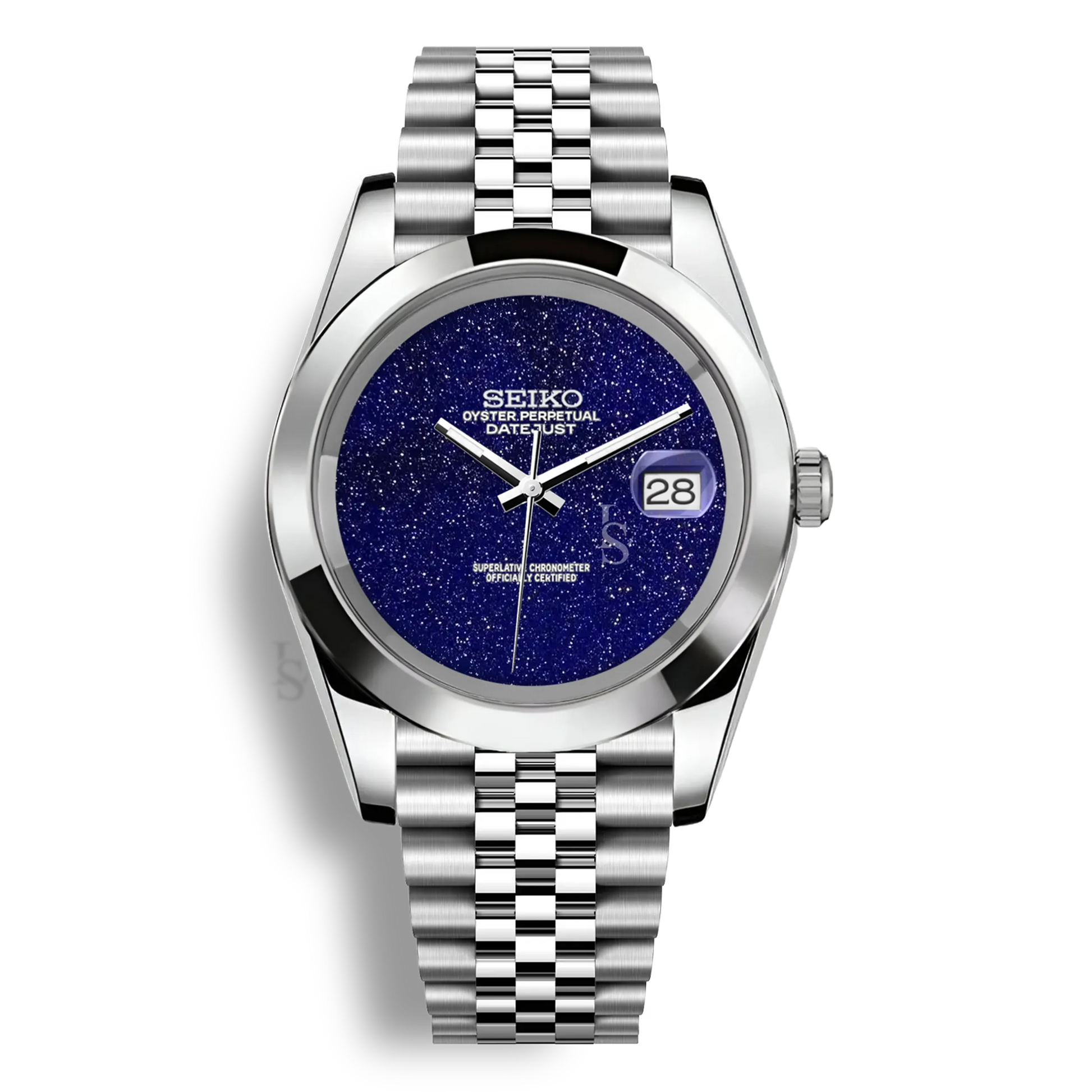 Montre Seiko Mod Datejust Galaxy lisse avec cadran bleu Galaxie, mouvement automatique Seiko NH35 et boîtier en acier inoxydable 316L