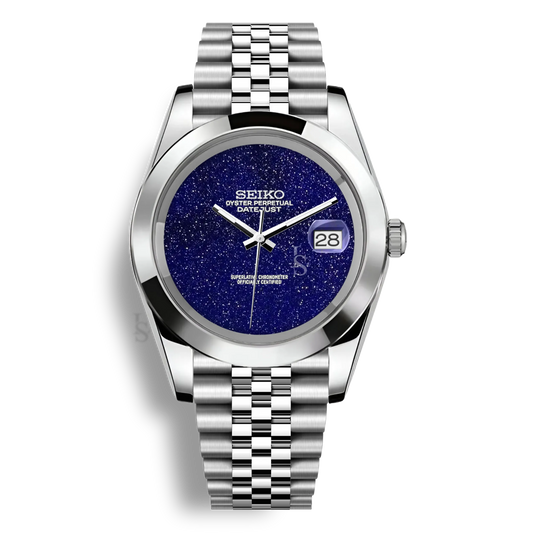 Montre Seiko Mod Datejust Galaxy lisse avec cadran bleu Galaxie, mouvement automatique Seiko NH35 et boîtier en acier inoxydable 316L