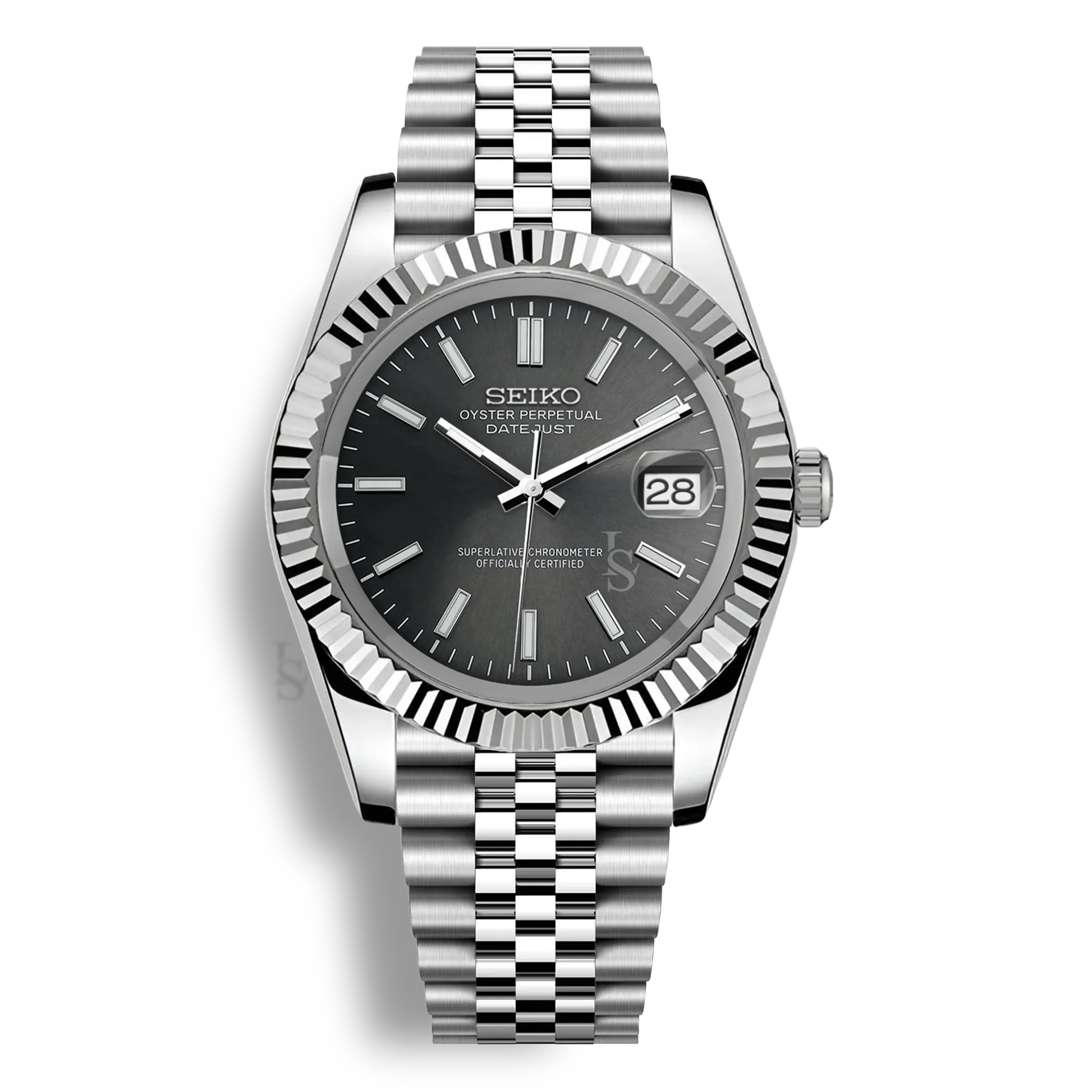 Montre Seiko Mod Datejust gris en acier inoxydable 316L avec mouvement automatique Seiko NH35, verre saphir et cadran luminescent