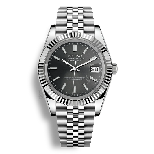 Montre Seiko Mod Datejust gris en acier inoxydable 316L avec mouvement automatique Seiko NH35, verre saphir et cadran luminescent