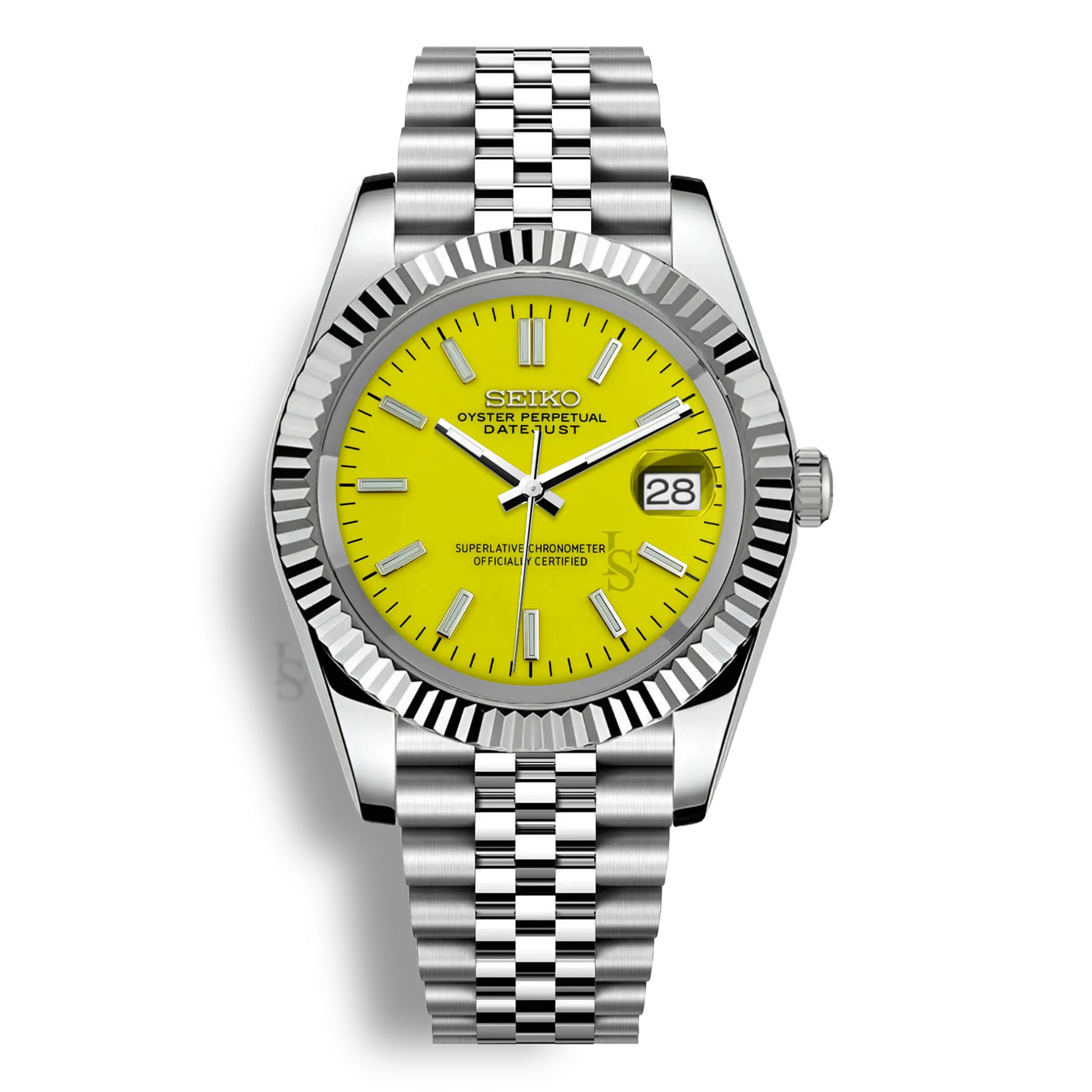 Montre Seiko Mod Datejust jaune en acier inoxydable 316L avec mouvement automatique Seiko NH35, verre saphir et cadran luminescent