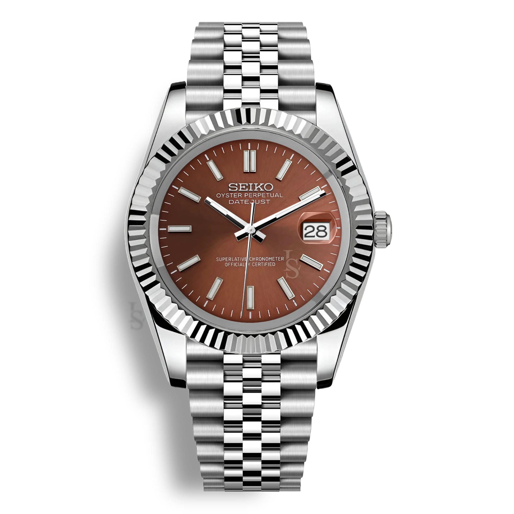 Montre Seiko Mod Datejust marron en acier inoxydable 316L avec mouvement automatique Seiko NH35, verre saphir et cadran luminescent