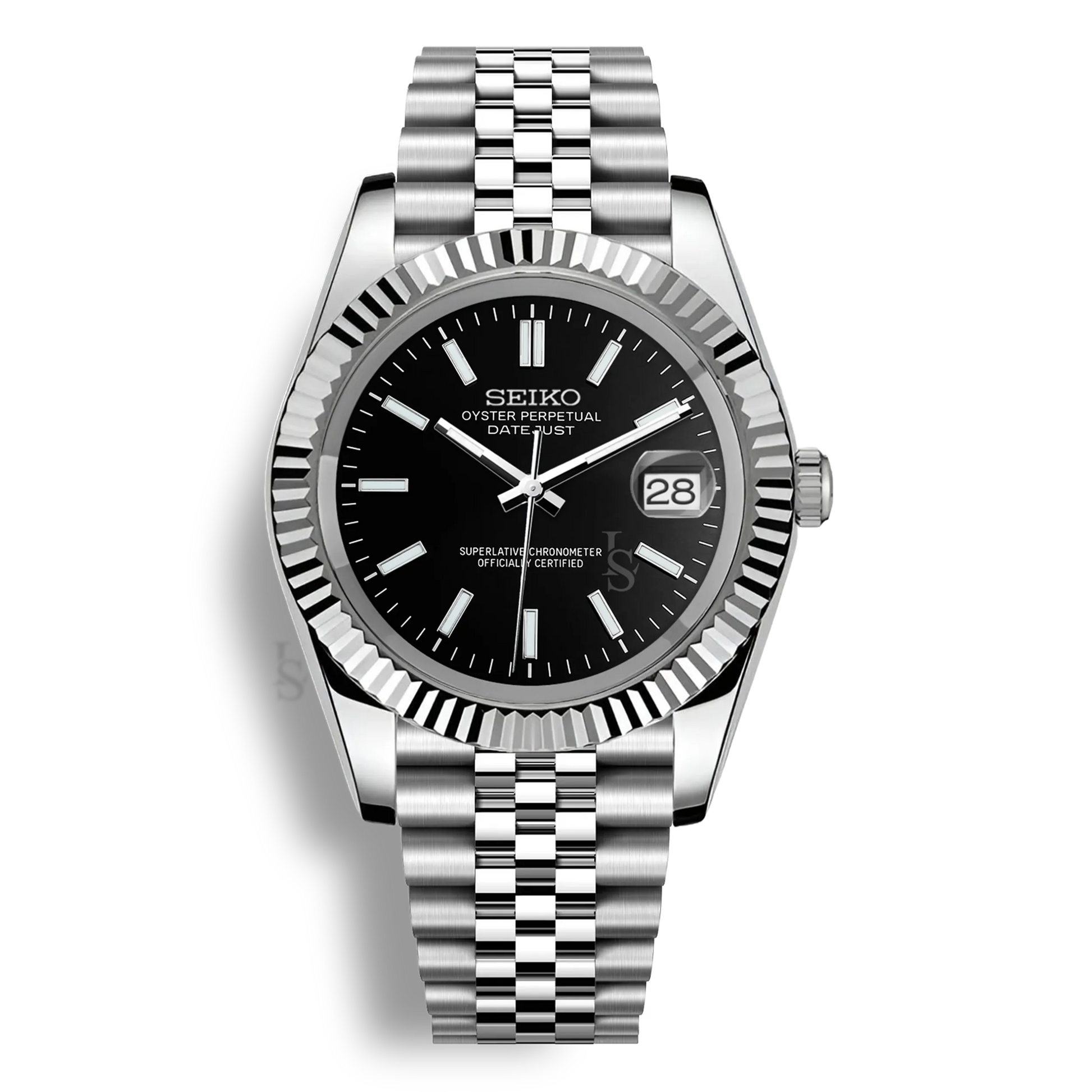 Montre Seiko Mod Datejust noir en acier inoxydable 316L avec mouvement automatique Seiko NH35, verre saphir et cadran luminescent