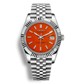 Montre Seiko Mod Datejust orange en acier inoxydable 316L avec mouvement automatique Seiko NH35, verre saphir et cadran luminescent