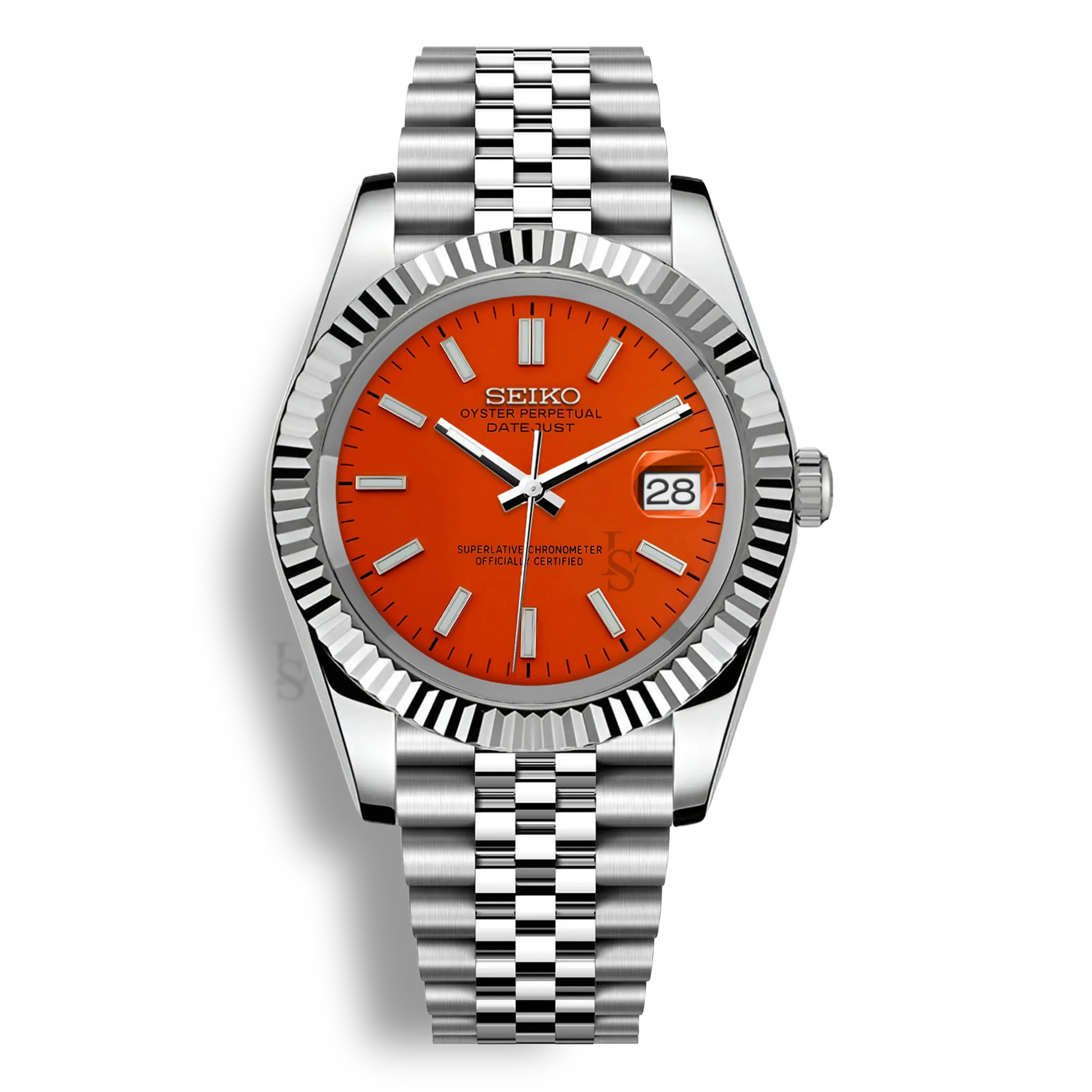 Montre Seiko Mod Datejust orange en acier inoxydable 316L avec mouvement automatique Seiko NH35, verre saphir et cadran luminescent