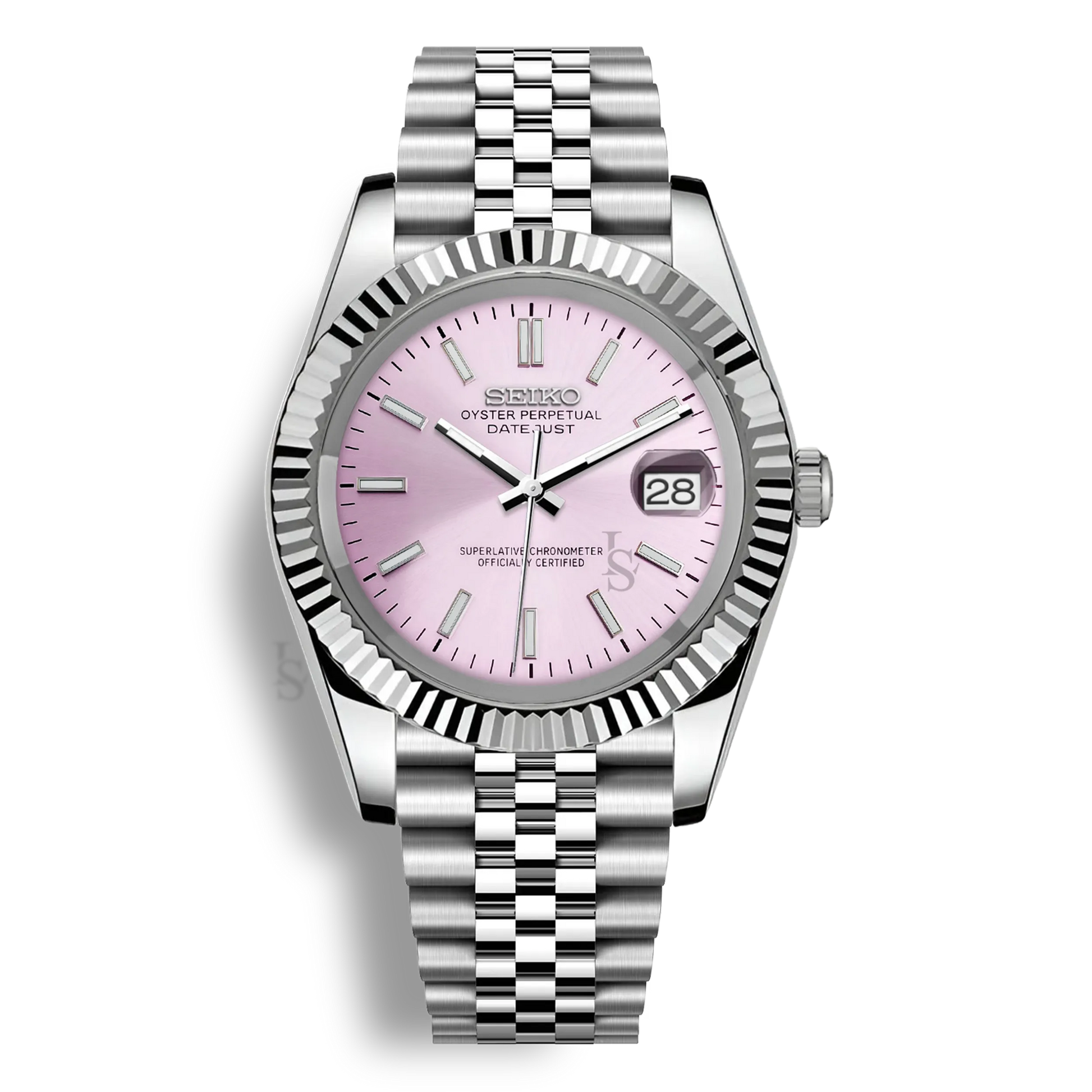 Montre Seiko Mod Datejust rose en acier inoxydable 316L avec mouvement automatique Seiko NH35, verre saphir et cadran luminescent