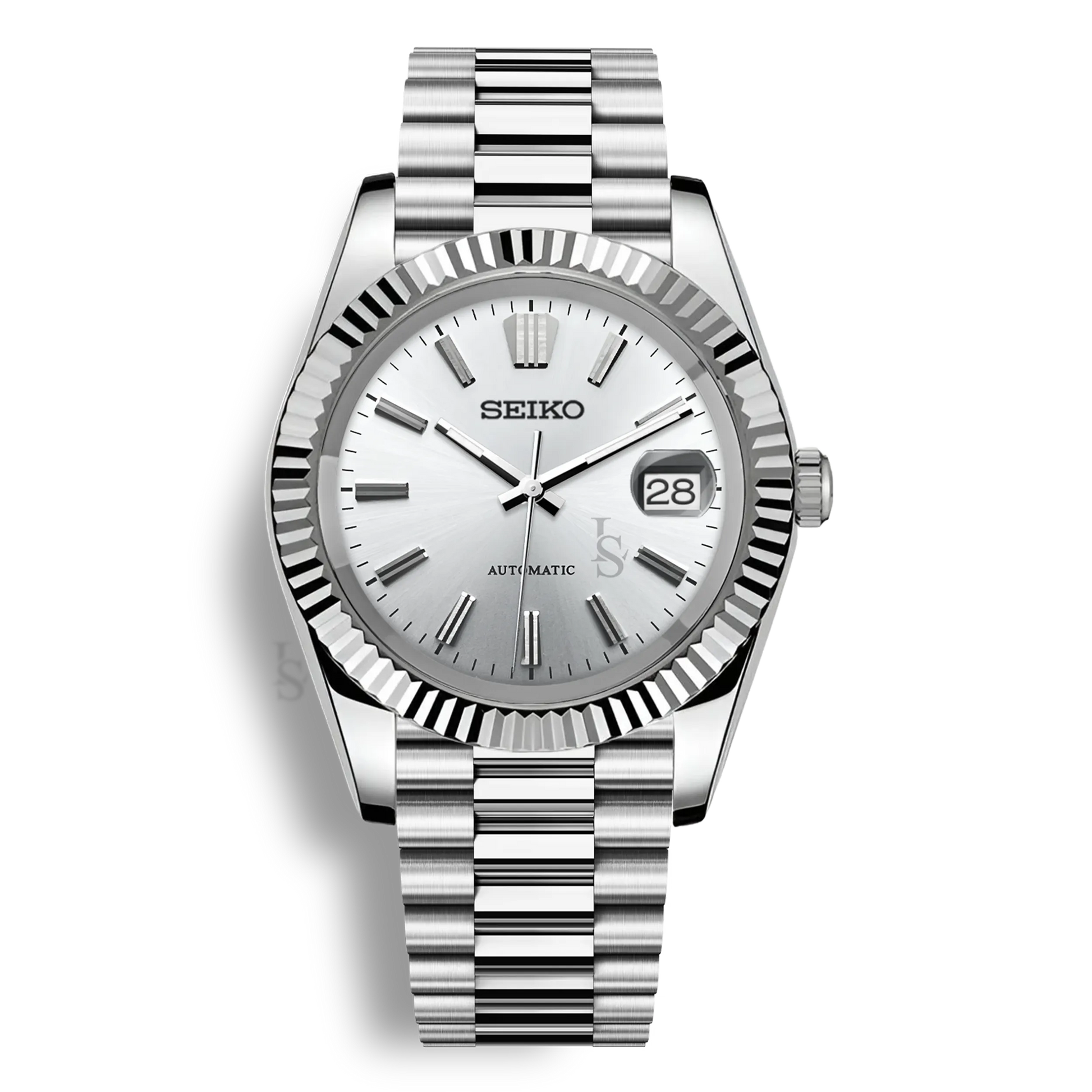 Montre Seiko Mod Datejust Sunburst cadran blanc en acier inoxydable 316L avec mouvement automatique Seiko NH35, verre saphir et cadran luminescent