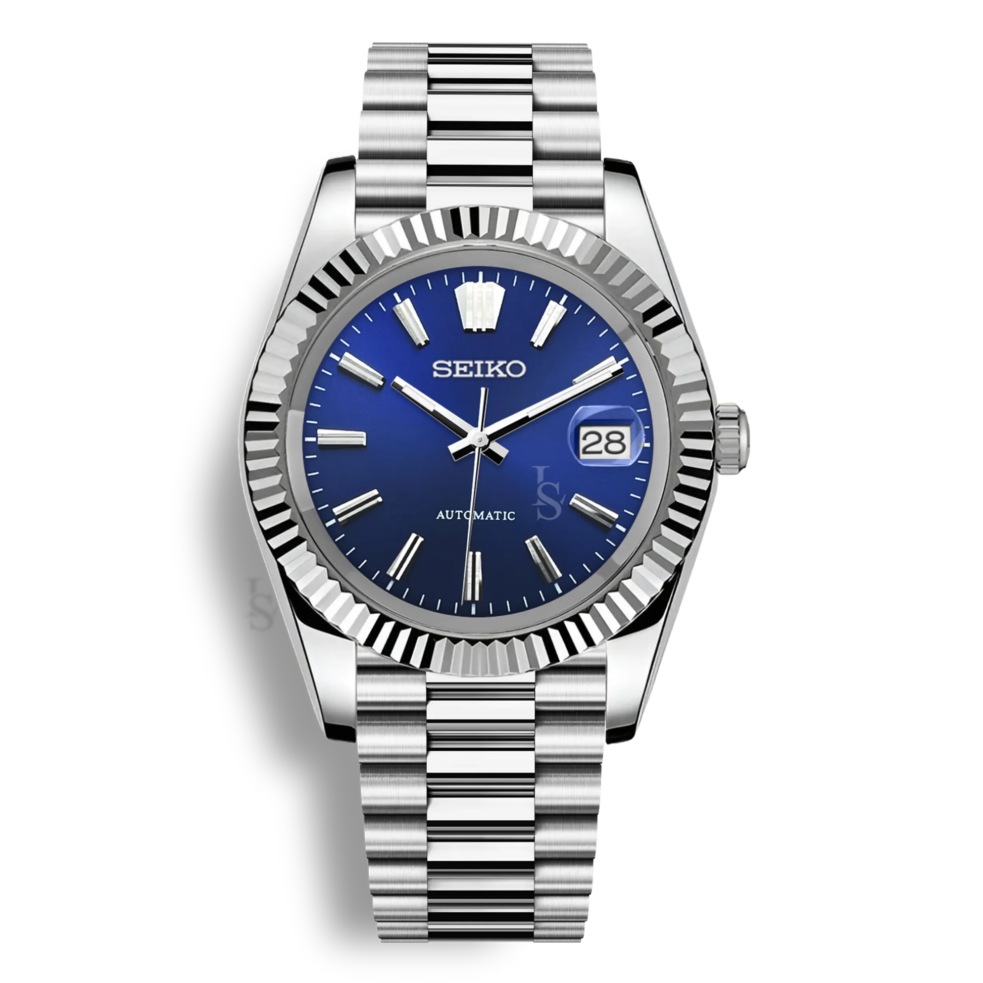 Montre Seiko Mod Datejust Sunburst cadran bleu royal en acier inoxydable 316L avec mouvement automatique Seiko NH35, verre saphir et cadran luminescent
