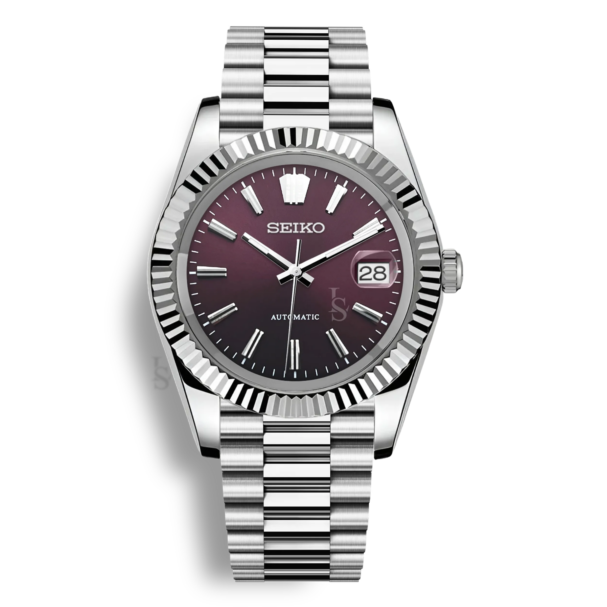 Montre Seiko Mod Datejust Sunburst cadran rouge bordeaux premium en acier inoxydable 316L avec mouvement automatique Seiko NH35, verre saphir et cadran luminescent