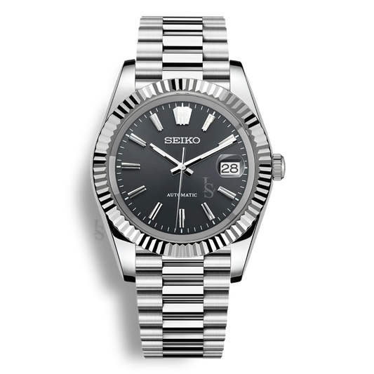 Montre Seiko Mod Datejust Sunburst cadran gris épuré en acier inoxydable 316L avec mouvement automatique Seiko NH35, verre saphir et cadran luminescent