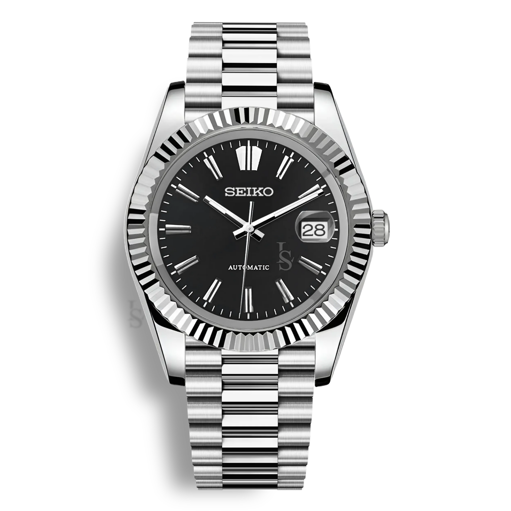 Montre Seiko Mod Datejust Sunburst cadran noir en acier inoxydable 316L avec mouvement automatique Seiko NH35, verre saphir et cadran luminescent