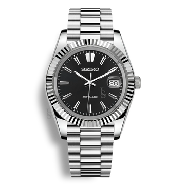 Montre Seiko Mod Datejust Sunburst cadran noir en acier inoxydable 316L avec mouvement automatique Seiko NH35, verre saphir et cadran luminescent