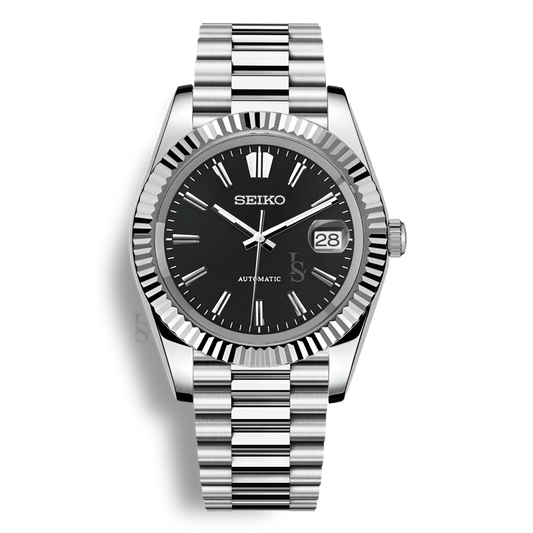 Montre Seiko Mod Datejust Sunburst cadran noir en acier inoxydable 316L avec mouvement automatique Seiko NH35, verre saphir et cadran luminescent