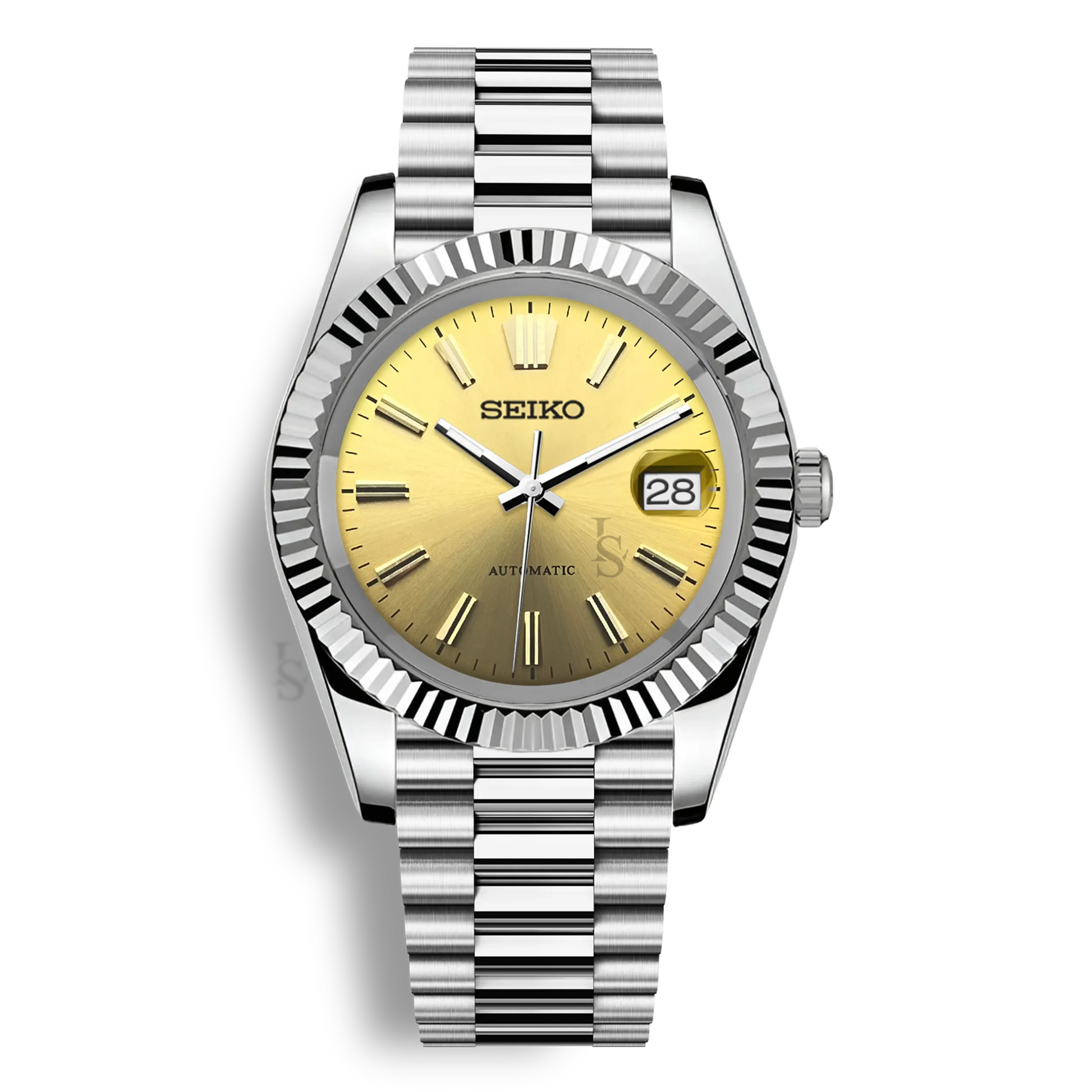 Montre Seiko Mod Datejust Sunburst cadran jaune avec indexes or jaune, boitier en acier inoxydable 316L avec mouvement automatique Seiko NH35, verre saphir et cadran luminescent