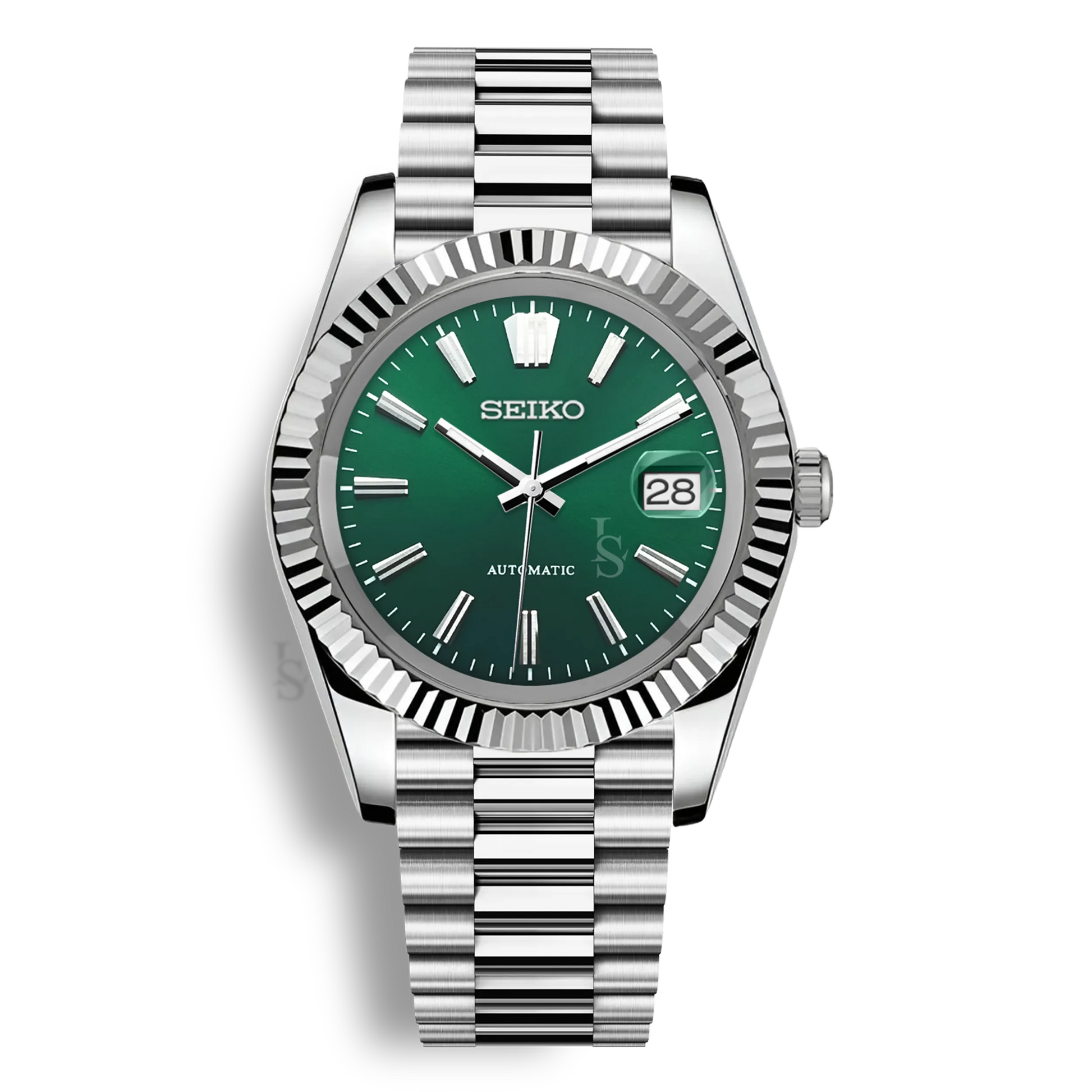 Montre Seiko Mod Datejust Sunburst cadran vert en acier inoxydable 316L avec mouvement automatique Seiko NH35, verre saphir et cadran luminescent