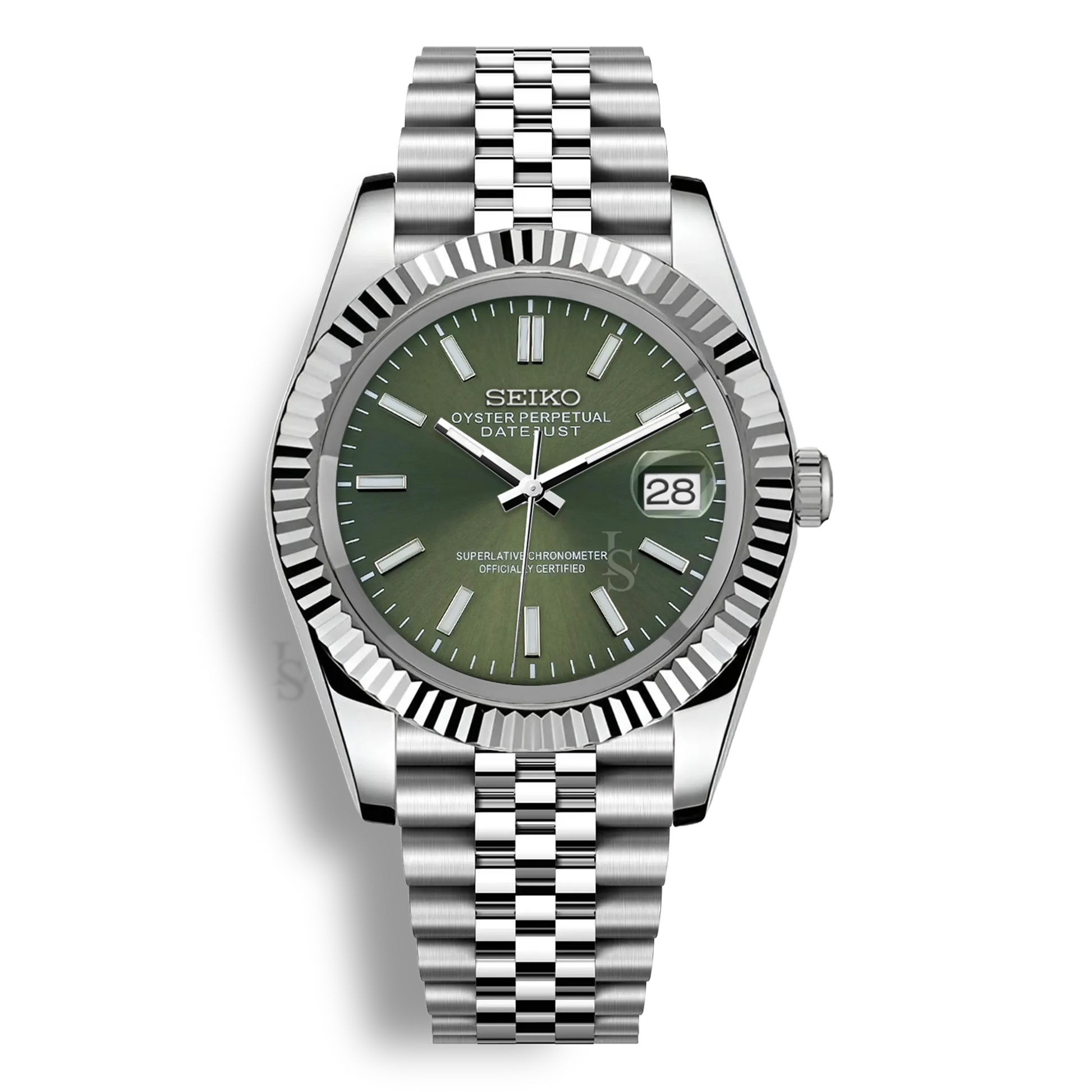 Montre Seiko Mod Datejust vert olive en acier inoxydable 316L avec mouvement automatique Seiko NH35, verre saphir et cadran luminescent
