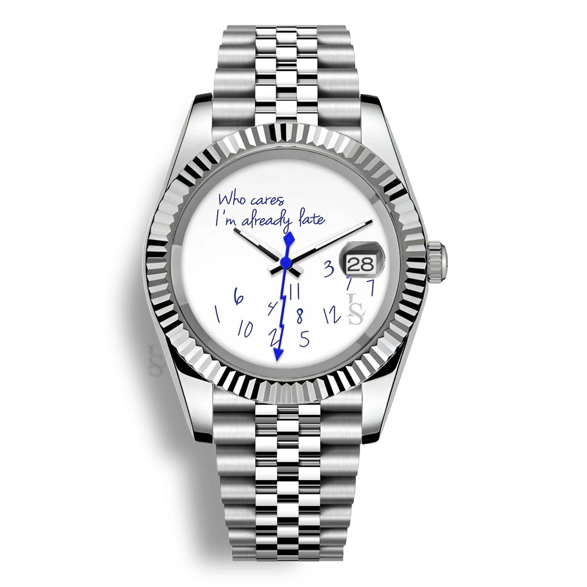Montre Seiko Mod Datejust Who Cares I’m Already Late avec cadran aux inscriptions bleues et trotteuse éclair bleue, inspiration rolex