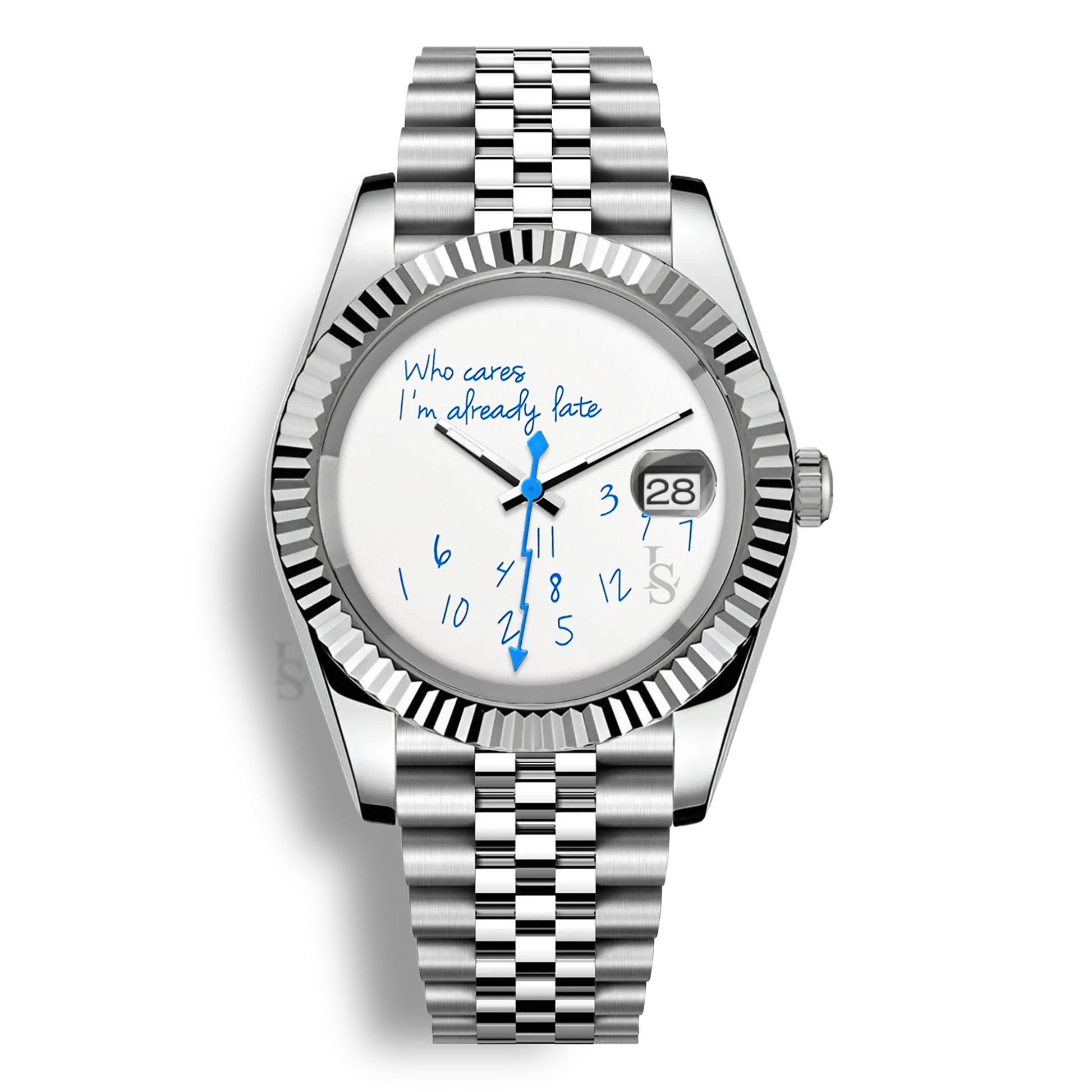 Montre Seiko Mod Datejust Who Cares I’m Already Late avec cadran aux inscriptions bleu clair éclatantes et trotteuse éclair bleu claire,  boîtier en acier inoxydable, Seiko NH35