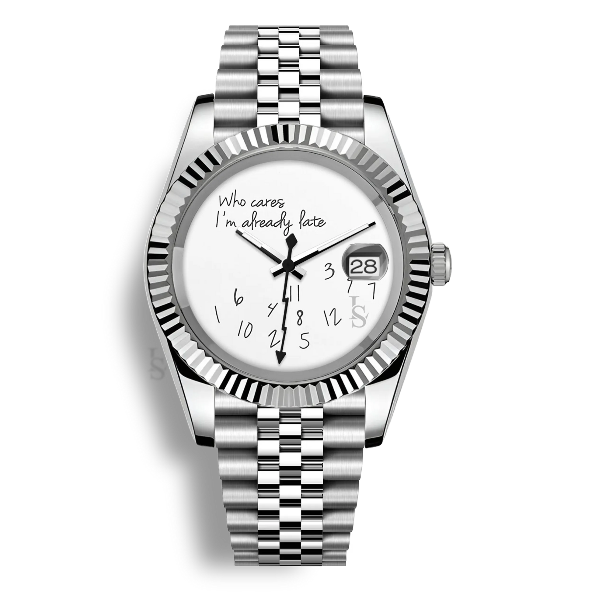 Montre Seiko Mod Datejust Who Cares I’m Already Late avec cadran aux inscriptions noires et trotteuse éclair noir, mouvement automatique Seiko NH35