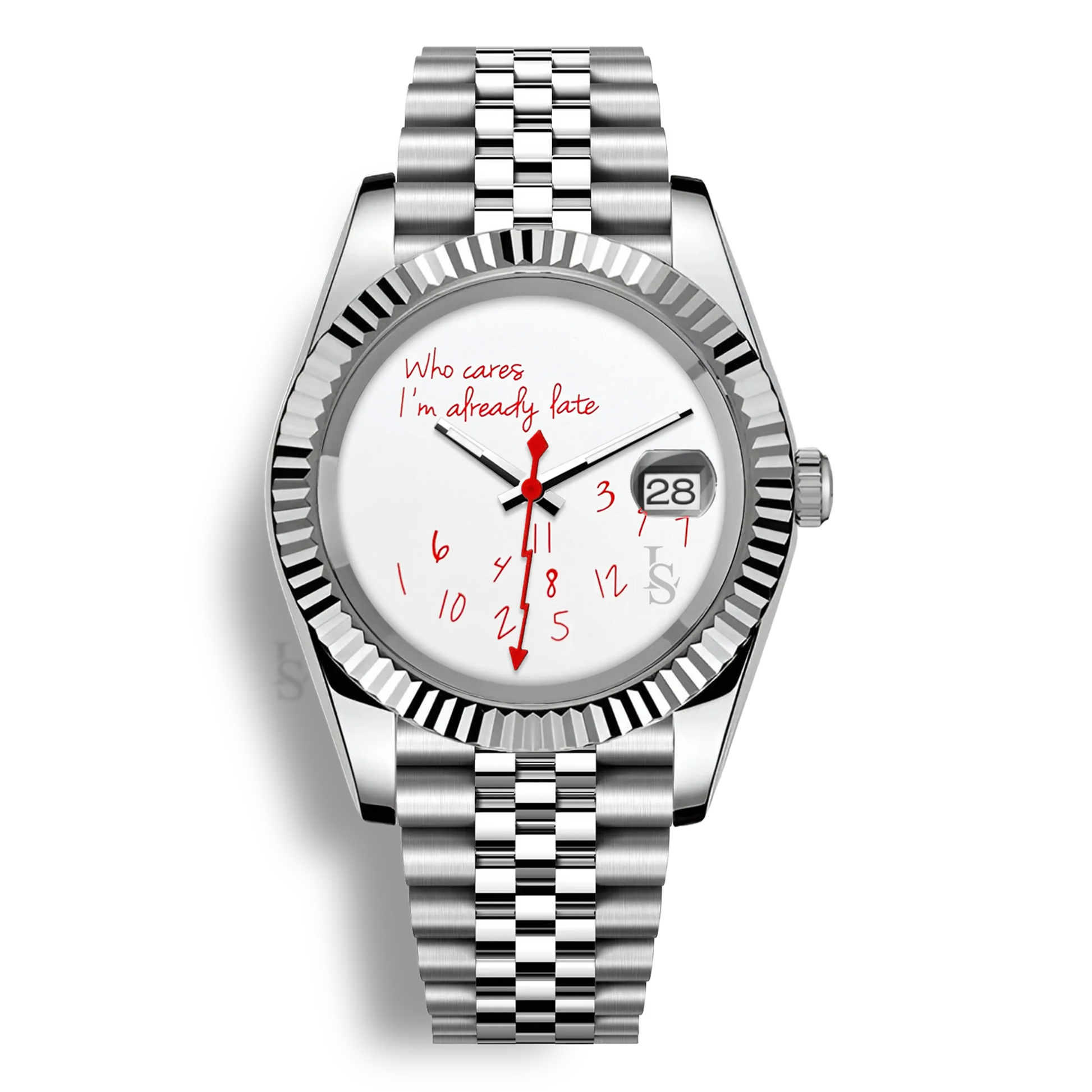 Montre Seiko Mod Datejust Who Cares I’m Already Late avec cadran aux inscriptions rouges et trotteuse éclair rouge, boîtier en acier inoxydable
