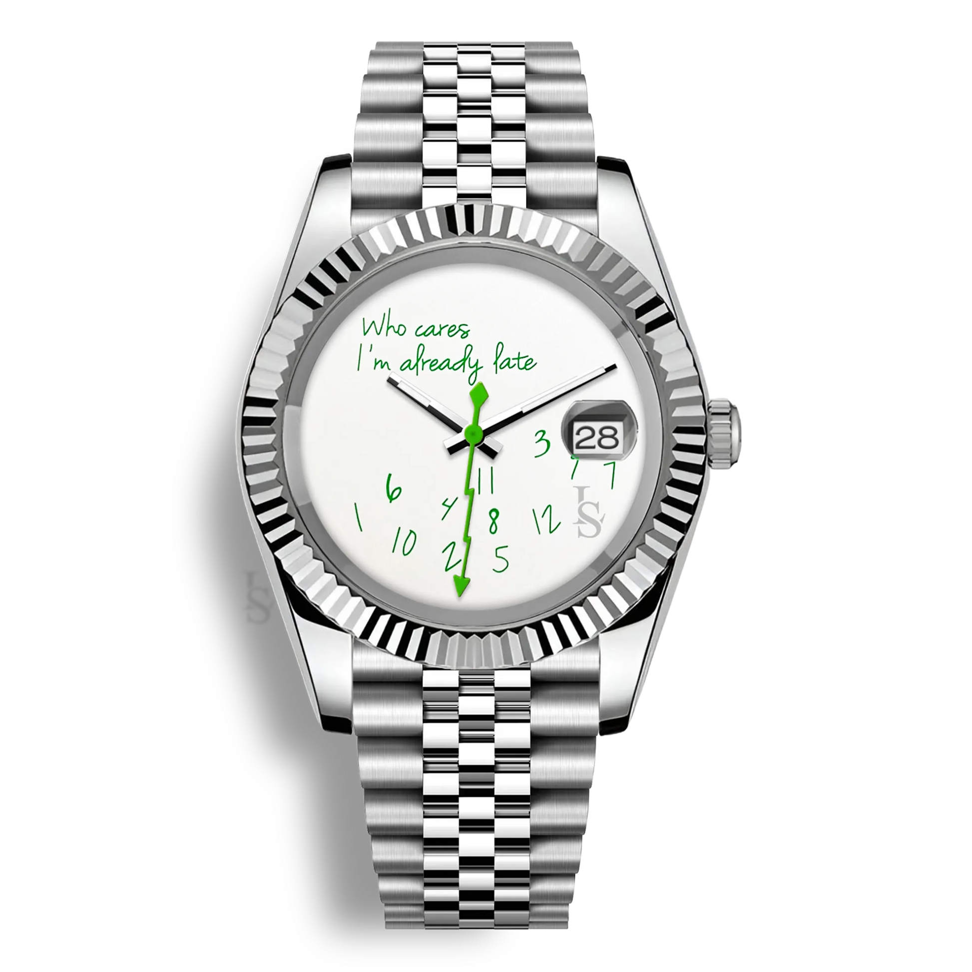 Montre Seiko Mod Datejust Who Cares I’m Already Late avec cadran aux inscriptions vertes et trotteuse éclair verte, mouvement automatique