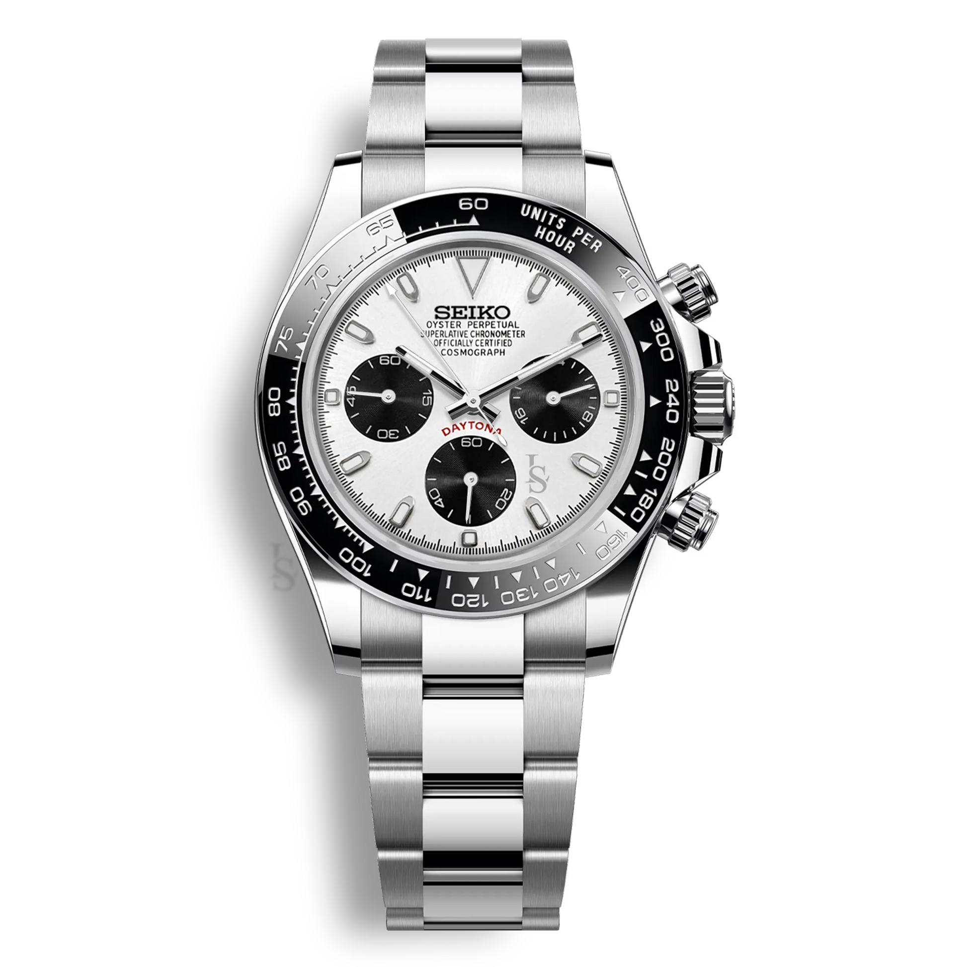 Montre Seiko Mod Daytona cadran blanc chronographe mouvement Seiko VK63 boîtier acier 316L