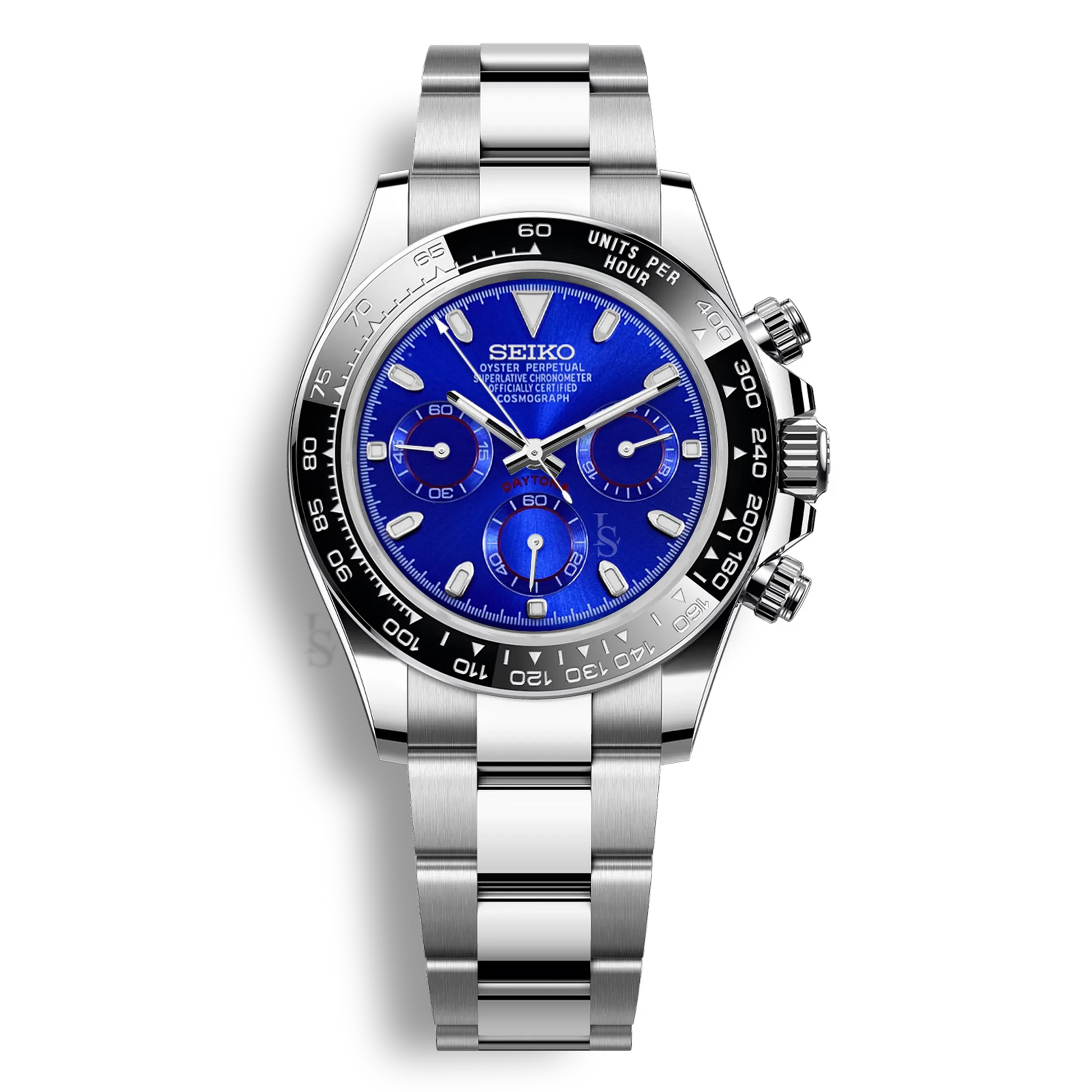 Seiko Mod Daytona cadran bleu chronographe mouvement Seiko VK63 boîtier acier 316L
